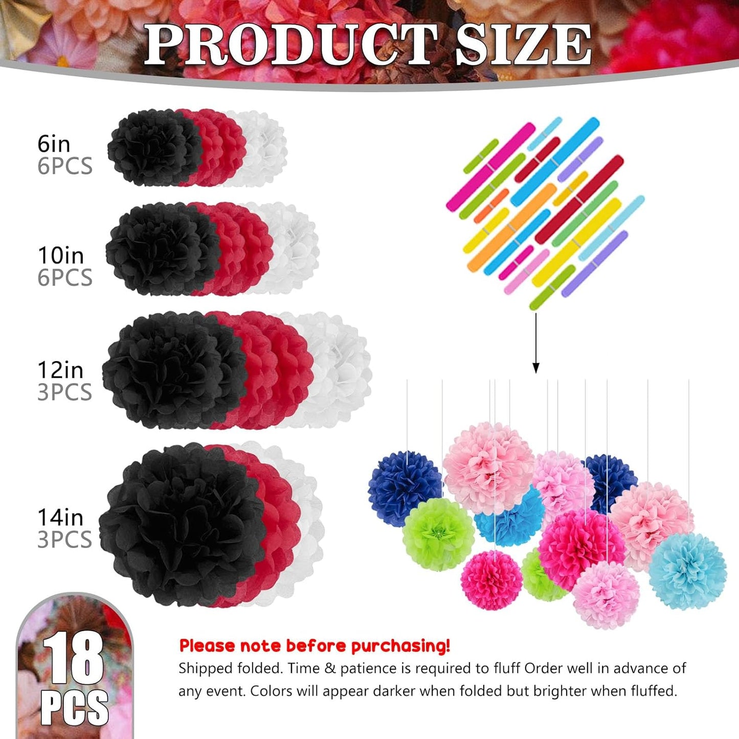 Tissue Paper Pom Poms, Black White Red Tissue Paper Flowers, Hanging Flower Balls for Weddings Fiesta Parties Birthday Baby Showers Classroom Bridal Shower Decoration (18Piece Set-6/10/12/14Inch)