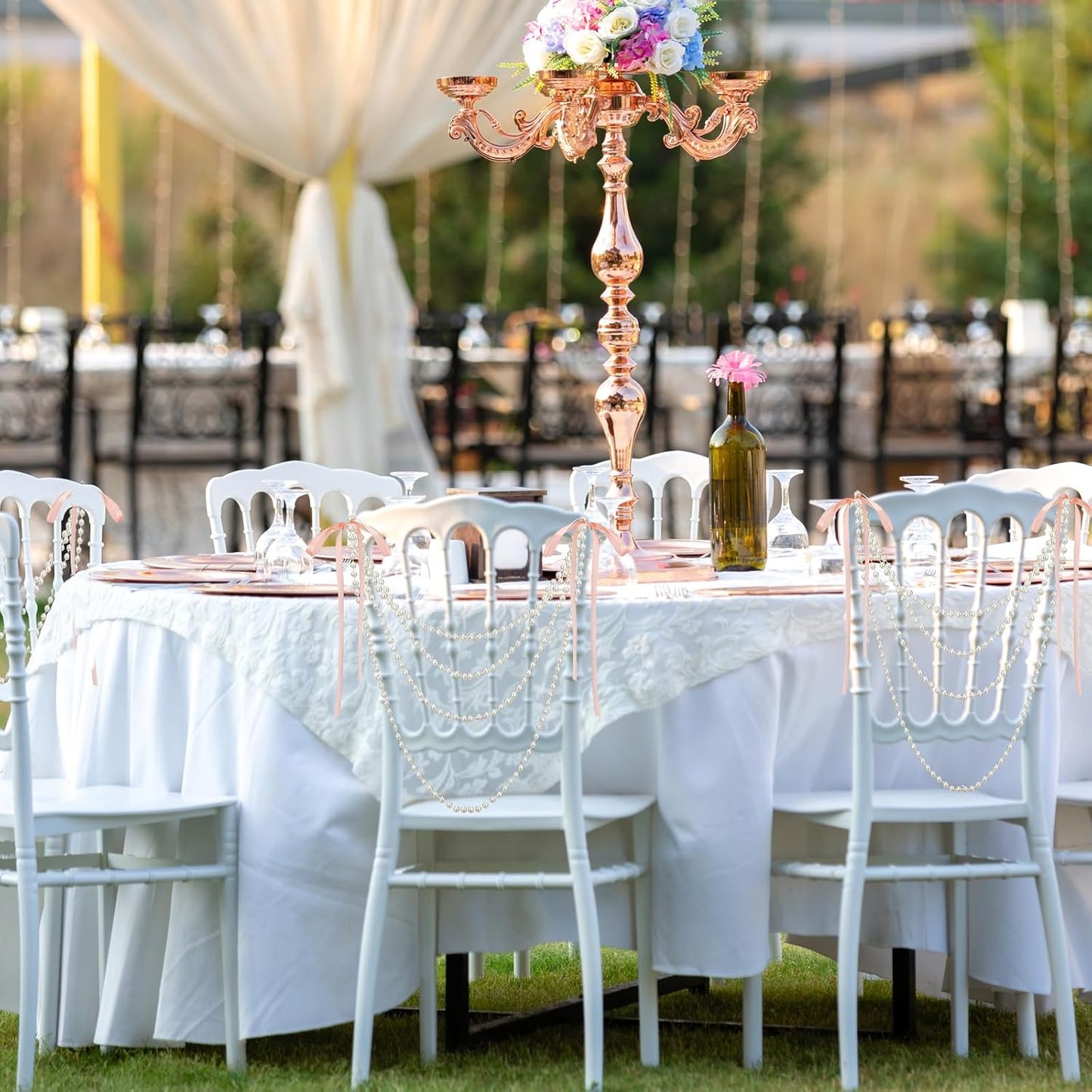 Wedding Pearl Bow Chair Decor Satin Ribbon Bows with Pearl Beaded String Garland Aisle Chair Sashes Decorations for Ceremony Coquette Party Banquet Decor