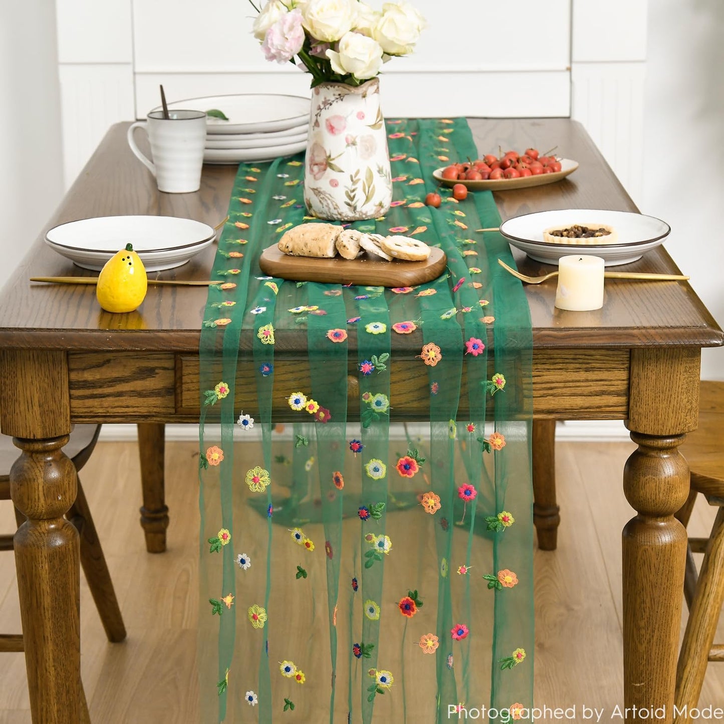 Artoid Mode 3PCS Dark Green Embroidery Daisy Gauze Table Runner 120 Inch 10FT, Seasonal Sheer Dining Holiday Wedding Birthday Table Decor for Home Party