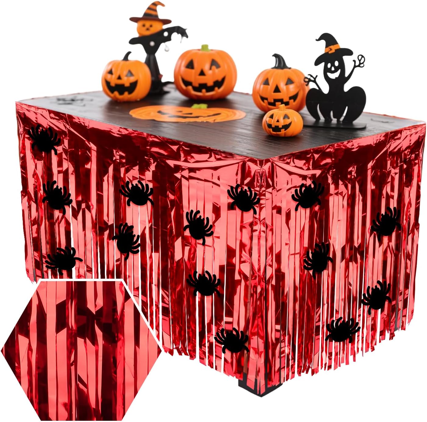 28x106 Inch Red Sequin Tablecloth for Halloween Decorations, Metallic Tinsel Foil Fringe Table Skirt, Rectangle or Round Tables Decor, Table Cover, Spider Decorations for Halloween Party