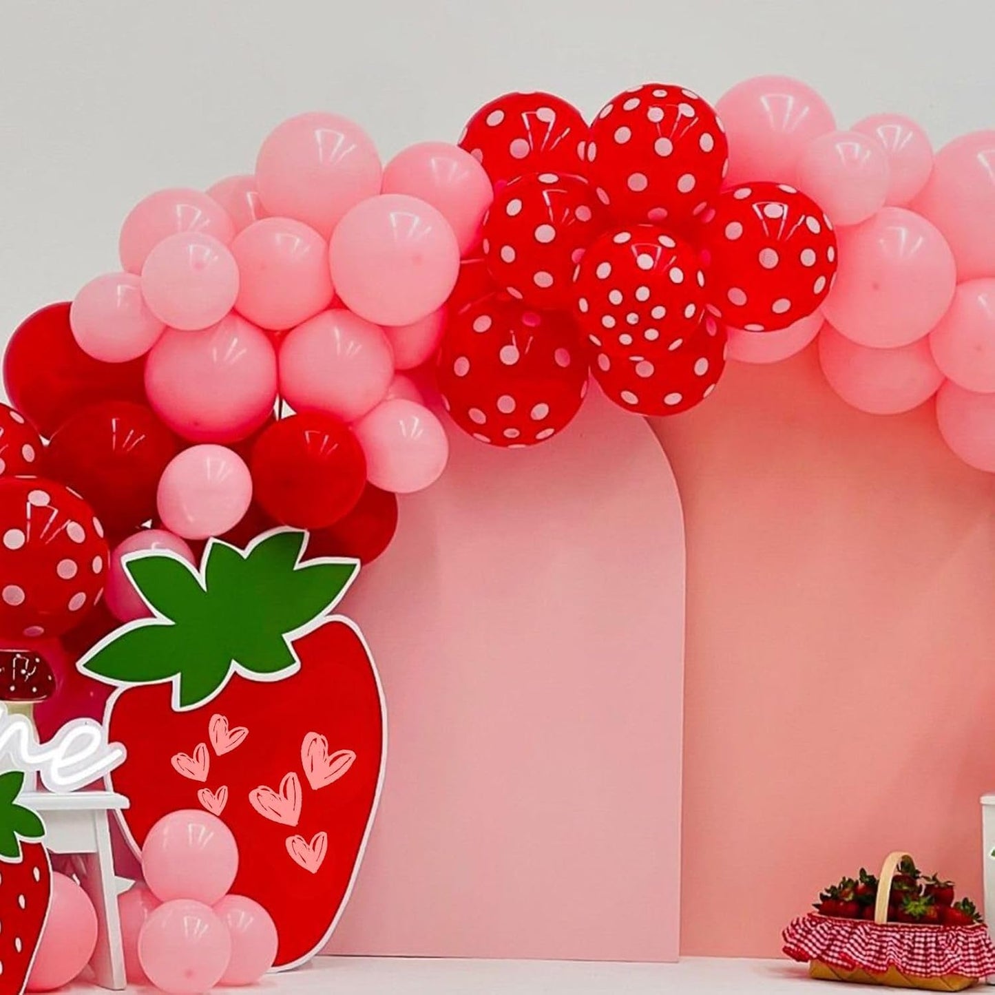 Strawberry Theme Balloons, 52 PCS 12 Inch Red Pastel Pink Pearl Pink Balloons With Polka Dot Latex for Sweet Girl Birthday Party Decorations
