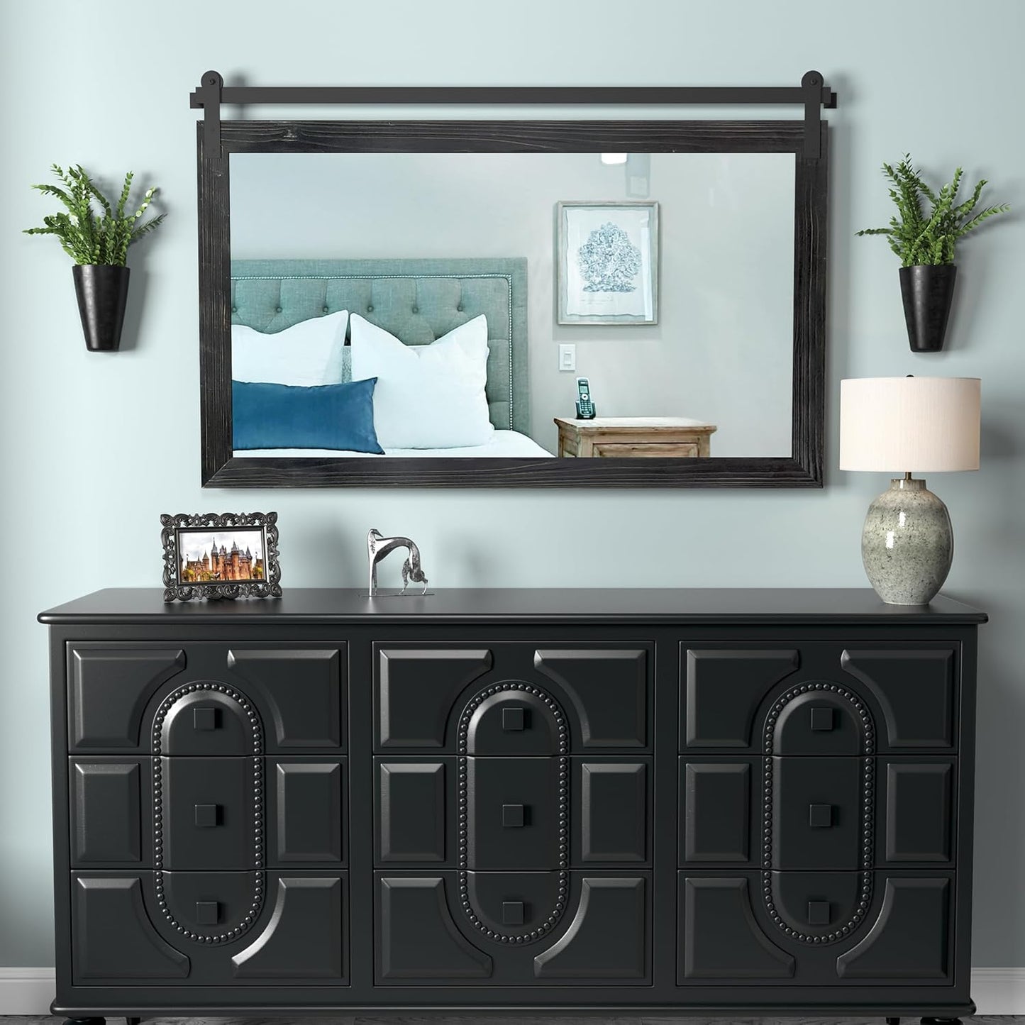 COGOOD Farmhouse Bathroom Mirror - 49 x 30 Rustic Wood Framed Wall Barn Door Mirror for Entryway, Living Room, Entryway Wall Decor (Black)