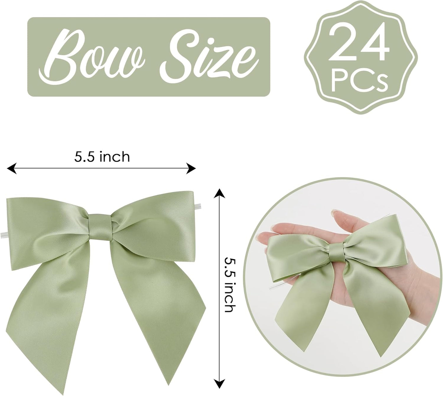 AIMUDI Sage Green Satin Bows 5.5" Bows for Gift Wrapping Satin Twist Tie Bows Premade Ribbon Bows for Treat Bags Invitations Baskets Wreaths Crafts Wedding Birthday Baby Shower Decorations, 24 PCs