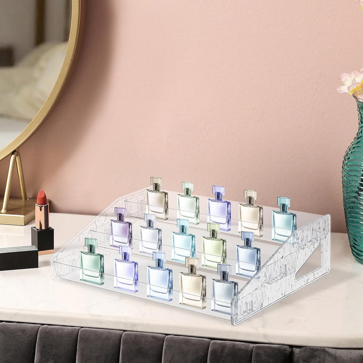 2 Pcs Perfume Organizer Stand, 3 Tier Acrylic Display Risers with Decorative Secure Fences, Tool-free Assembly, Clear Acrylic Shelf Risers for Cologne Cosmetic Dessert Cupcake for Countertop