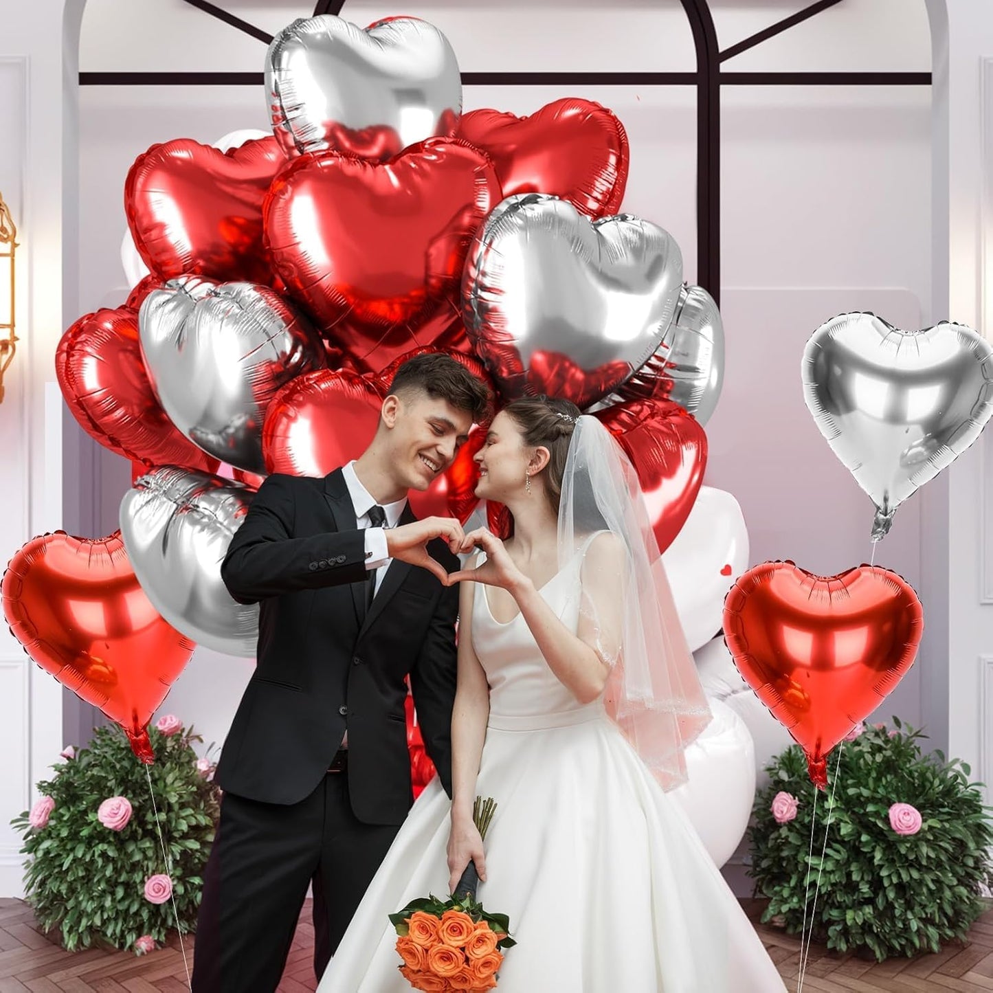 12 Pcs Heart Balloons, 18 inch Valentine's Day Heart Shaped Balloons, Red Silver Foil Helium Balloon, Love Foil Balloon for Valentine's Day Wedding Baby Shower Party Decorations