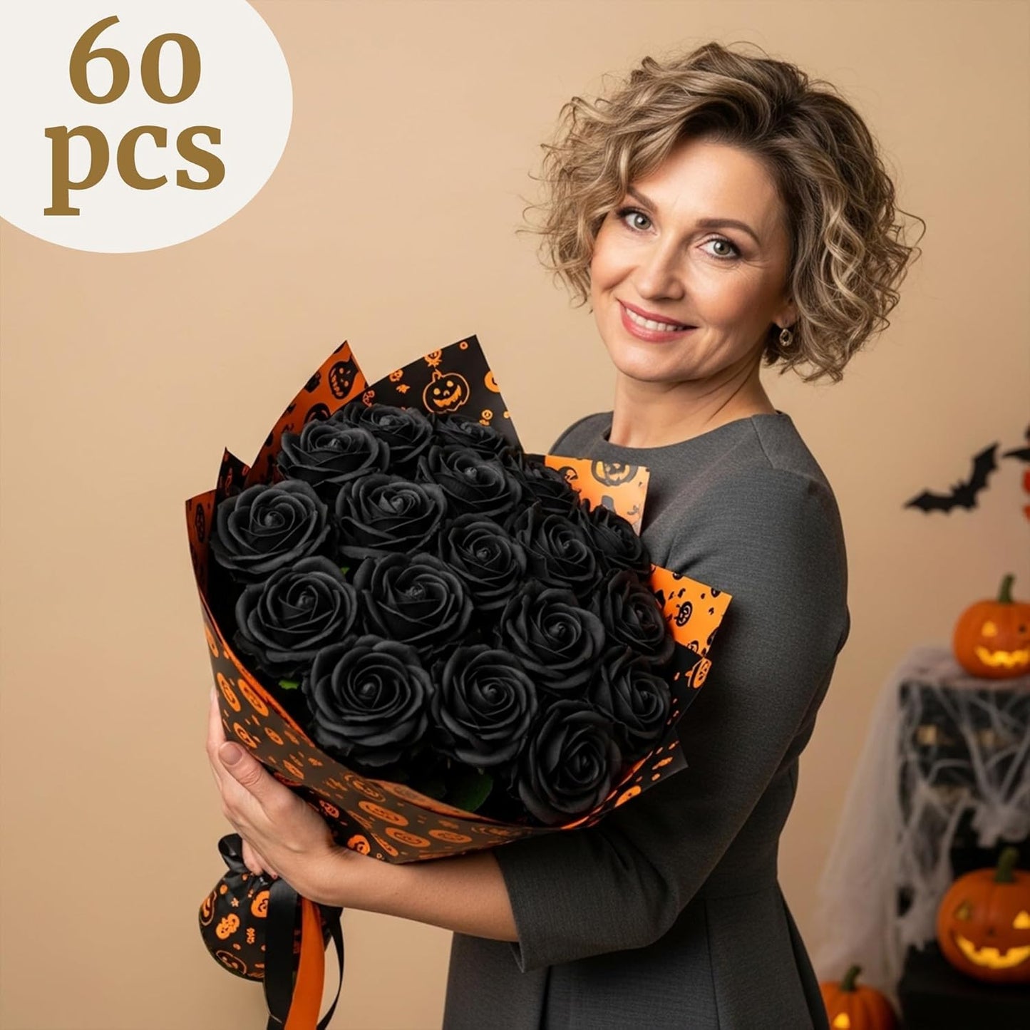 Auihiay 60PCS Black Fake Roses, Velvet Silk Artificial Roses, Realistic Roses Flowers for Photo Shoots, Wedding Centerpieces, Bridal Bouquets, Anniversary, Valentine's Day, Halloween Decorations