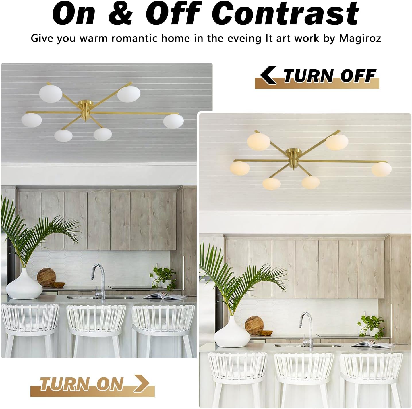 6-Lights Gold Sputnik Chandelier Modern Ceiling Light Fixtures Retro Glass Ceiling Lamp Industrial Semi Flush Mount Lights for Kitchen Living Room Dining Room MCL01-6 GD