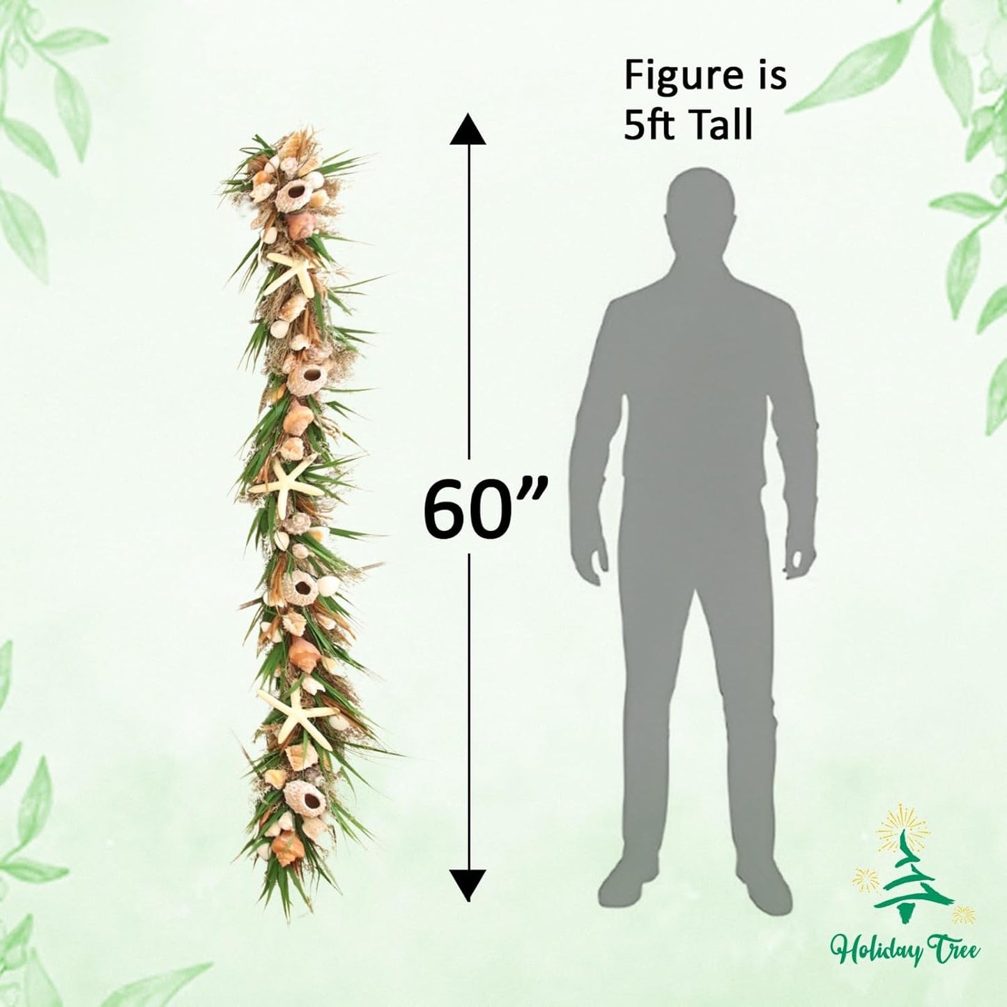 HOLIDAY TREE 5' Shell Arrangement Green Garland - Natural Shells, Green Faux Grass, Resin Starfish, Summer Coastal Decor for Mantel or Home | Premium Coastal Garlands for Decoration.