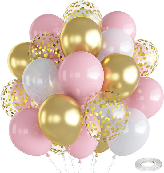 Balloons Pink White Gold, 12 Inch Pastel Pink Pearl White Metallic Chrome Gold Confetti Latex Balloons, Baby Pink Gold Party Balloons Set for Girls Baby Shower Birthday Princess Party Decorations