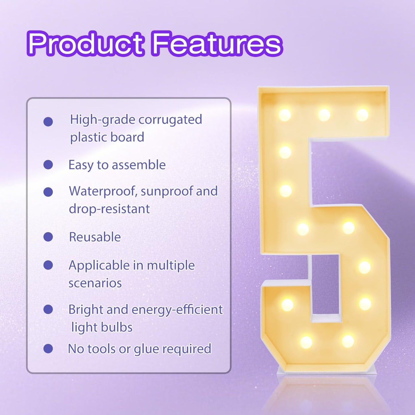4FT Plastic Marquee Numbers 5 - Light up Numbers Are Made from Corrugated Plastic Board - Quick Assembly Without Tools, Disassembled Components Can Be Used for Photo Wall Decoration, Yard Sale Signs
