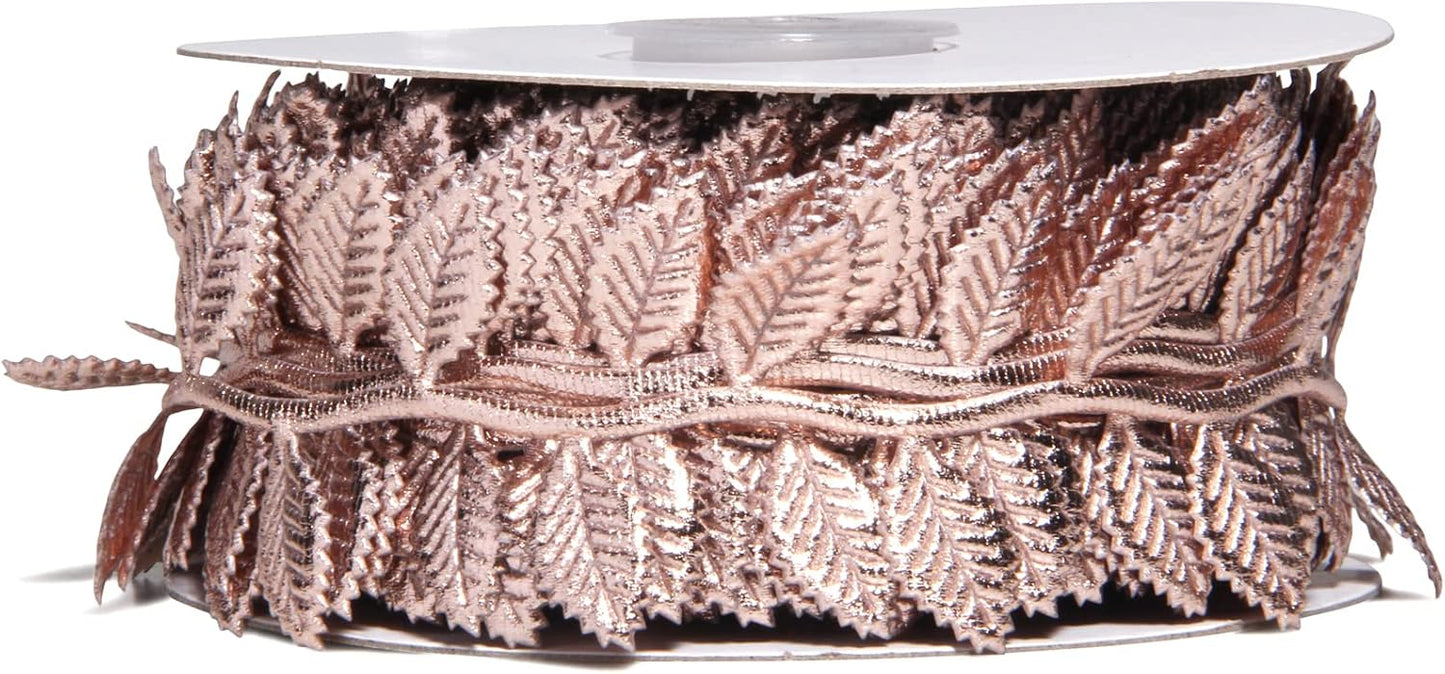 BASOKAN Rose Gold Leaves Ribbon for Wedding Party Home Decorations - 20 Yards - Leaf Trim Rope for Garland and DIY Crafts