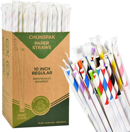 10.25 Inch Long Disposable Paper Straws Biodegradable Individually Wrapped, 0.24" Dia. (Colorful Stripes, 400 ct.) - Sturdy Durable