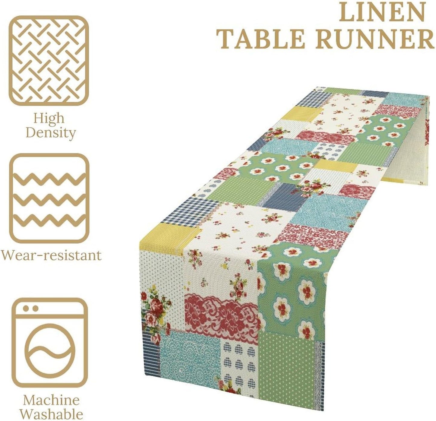 Patchwork Boho Table Runner,Vintage Colorful Floral Plaid Polka Dot Print Tablecloth Burlap for Hotel Indoors Outdoor Dining Room Kitchen Home Decor,W13X L80 in