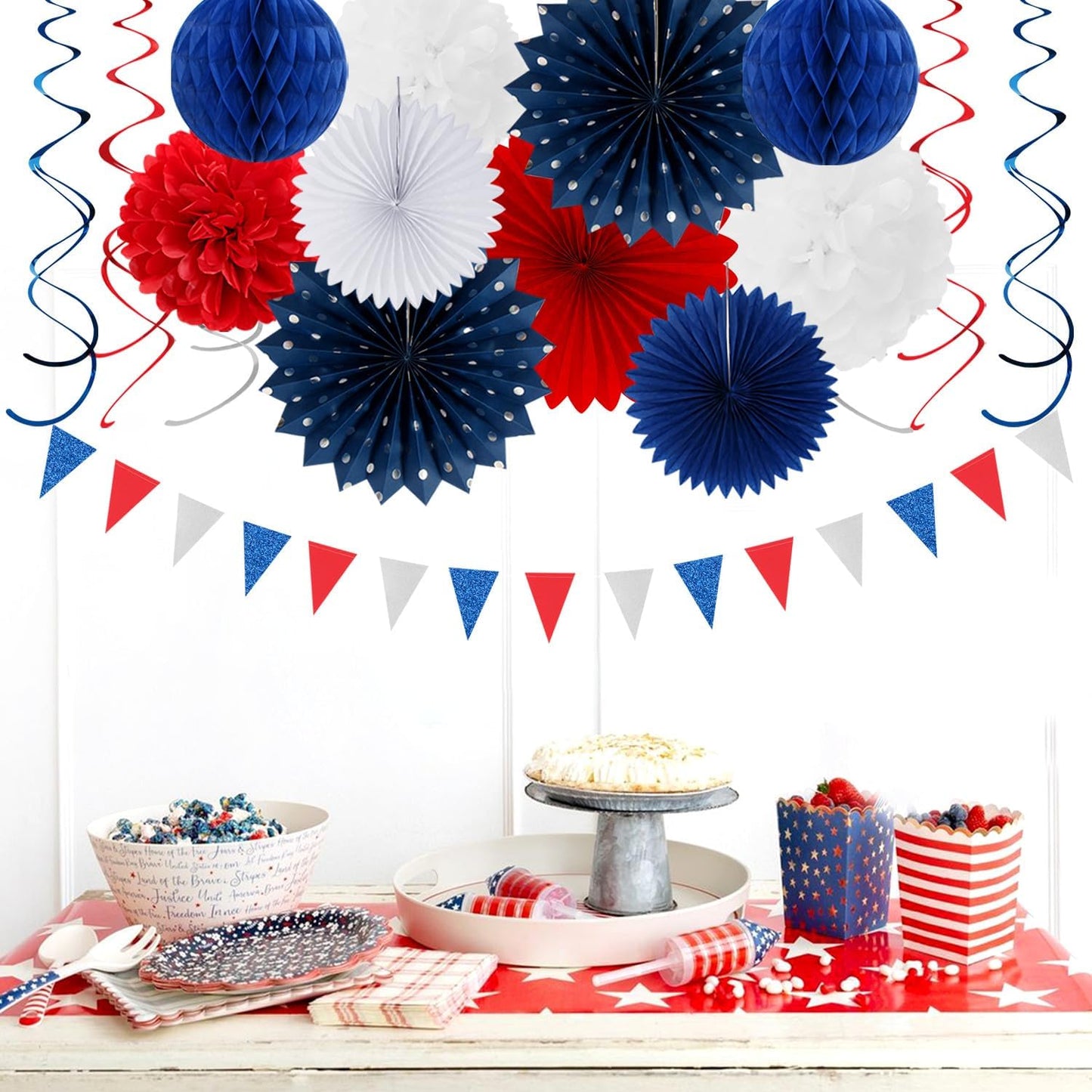 Fourth-4th of July Memorial-Day Party-Decorations - 31pcs Red-Blue White-Silver Patriotic Banner,Streamers Garland,Tissue Pom Poms Honeycomb,Paper Lantern Fan,Independence Graduation Decor Hugtmr