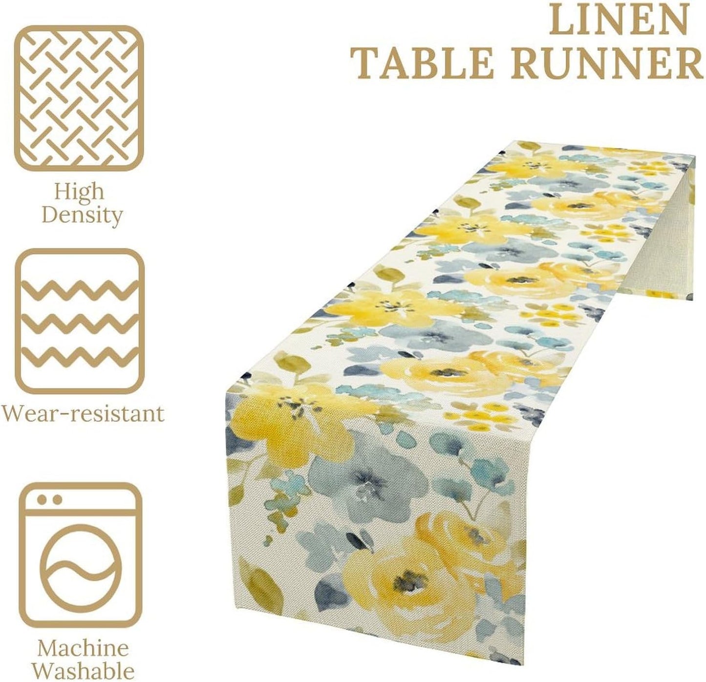 Watercolor Floral Table Runner, Seasonal Summer Yellow Flower Print Kitchen Dinning Table Runner for Indoor Outdoor Home Wedding Party Holiday, 13x120 Inch