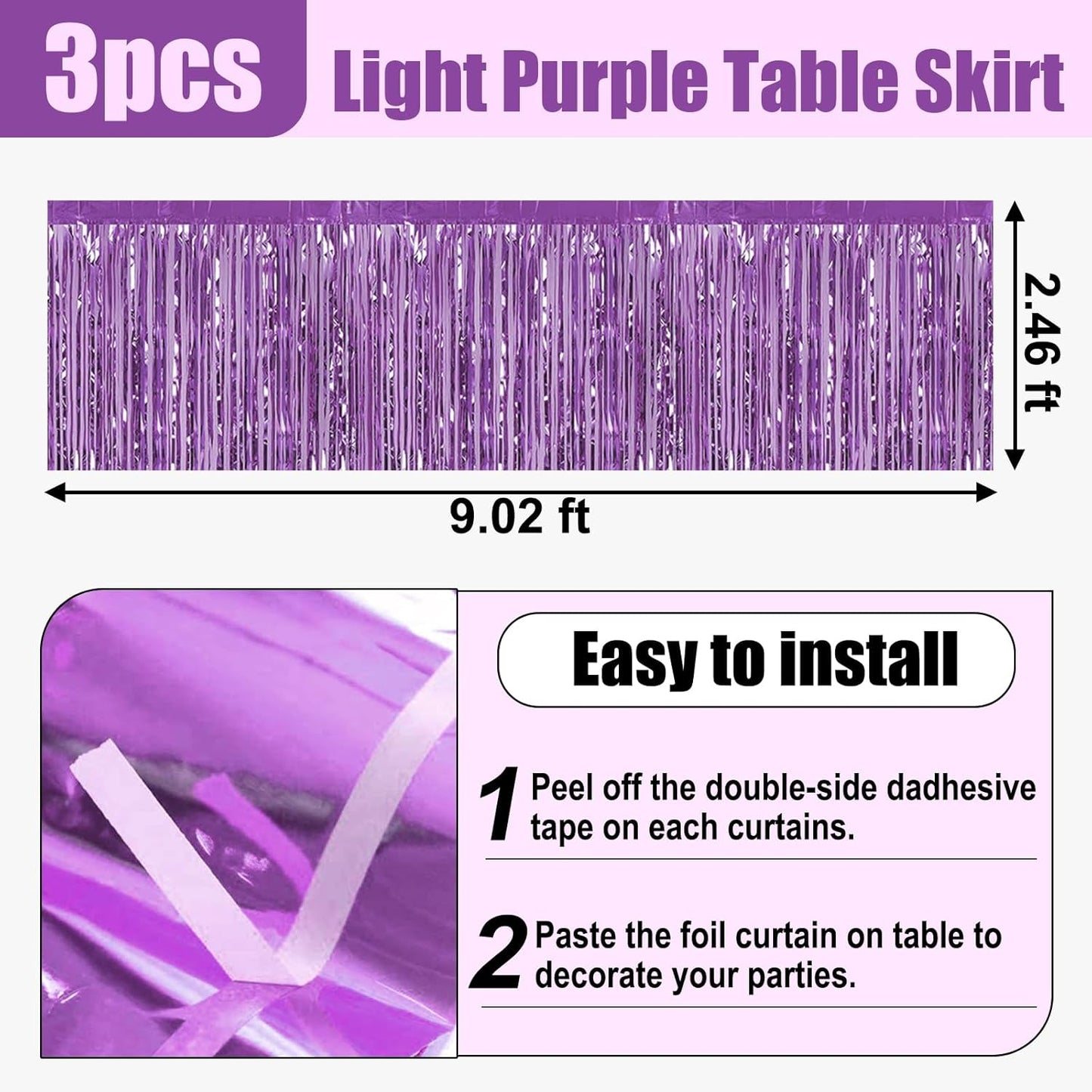 3 Pack 29x108 Inch Light Purple Foil Fringe Table Skirts Metallic Banner for Tinsel Streamer Garland Backdrop for Parade Floats Wedding Thanksgiving Birthday Christmas Halloween Party Decoration