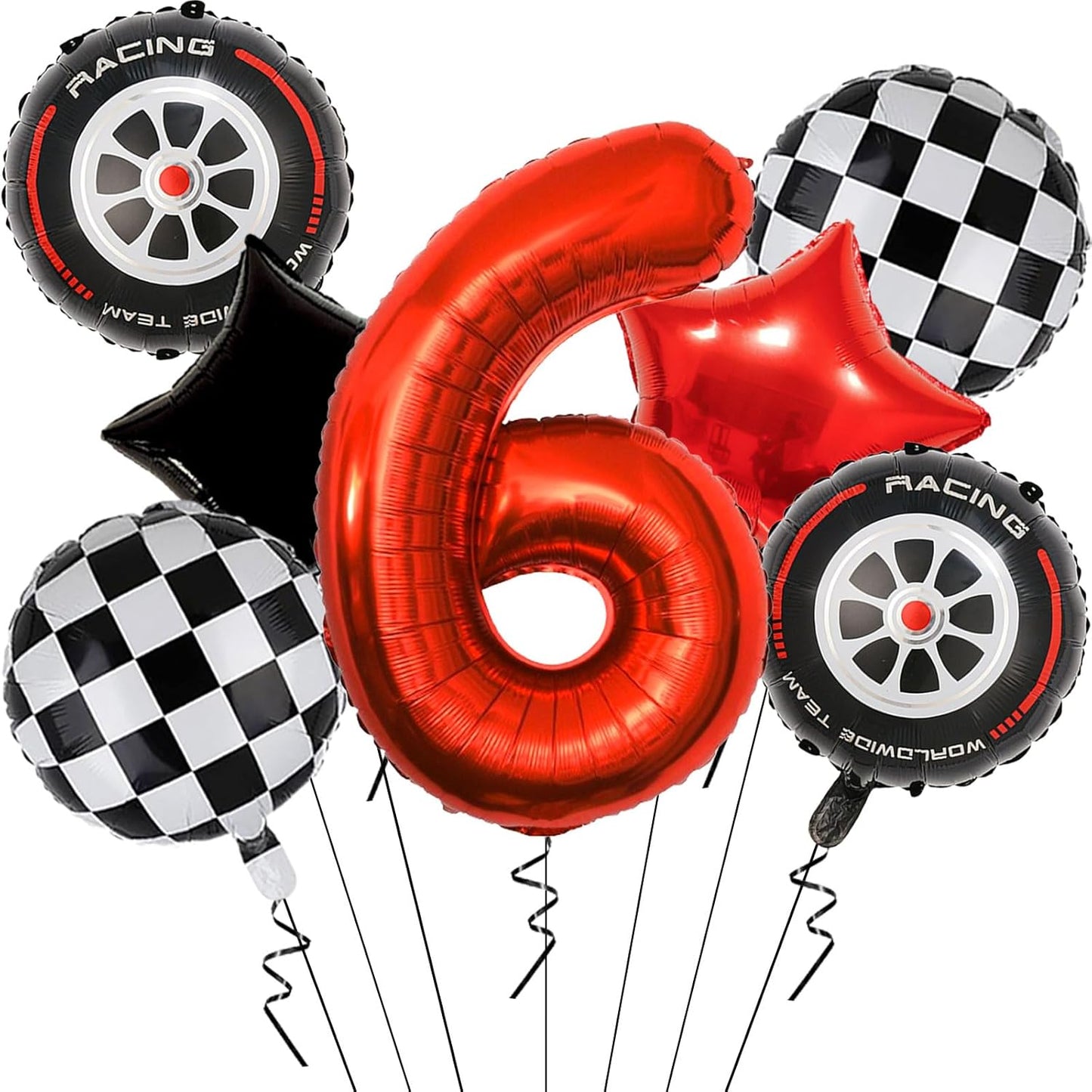Race Car Birthday Decorations - 40 Inch Mylar Red Number 6 Balloons - Black Foil Checkered Race Car Balloons for 6st Birthday Race Cars Themed Party Decorations Supplies