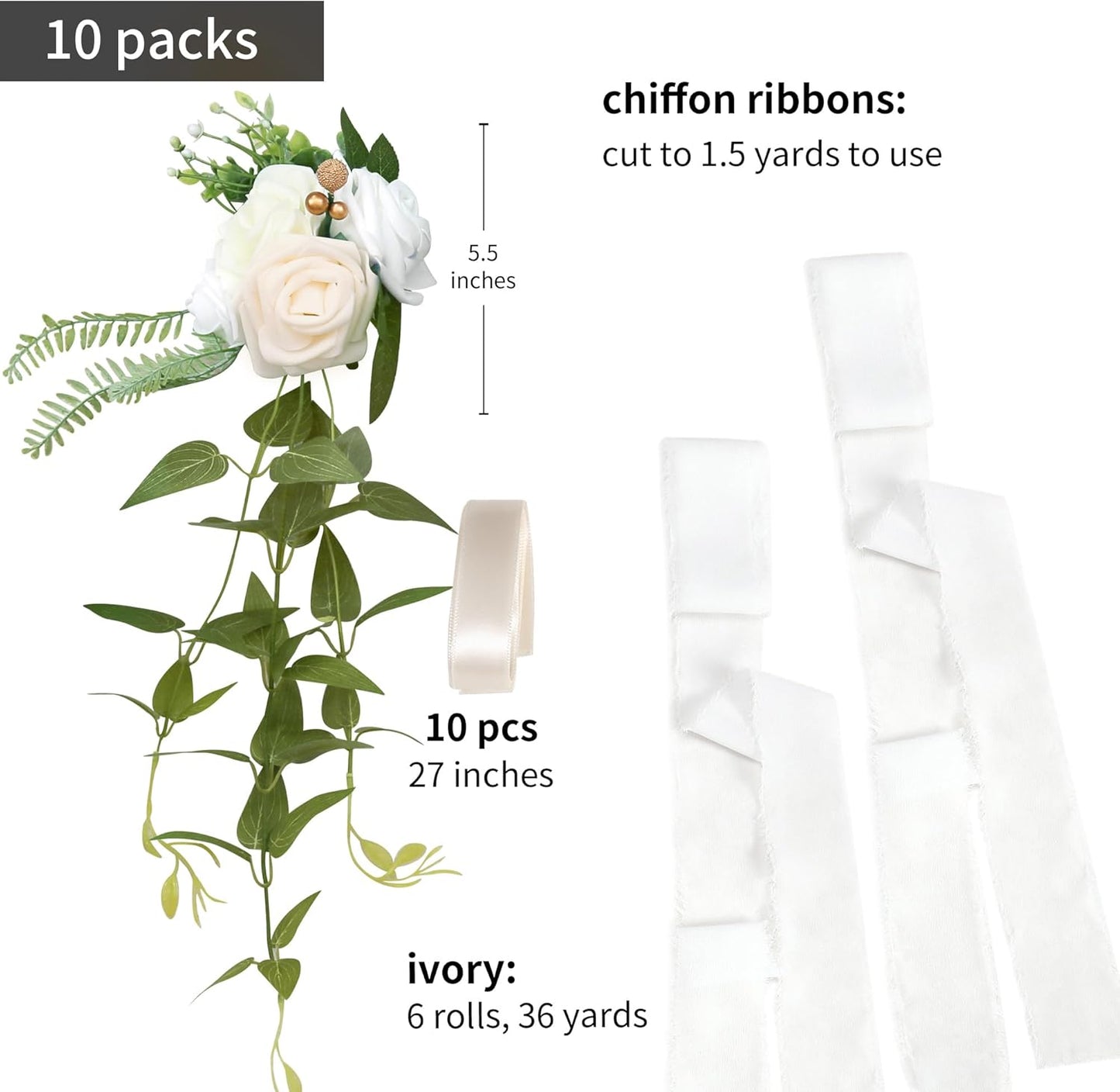 DORIS HOME Wedding Chair Decorations White Pew Flowers Set of 10 for Wedding Ceremony Party Aisle Decor with Artificial Flowers Eucalyptus and Ribbons