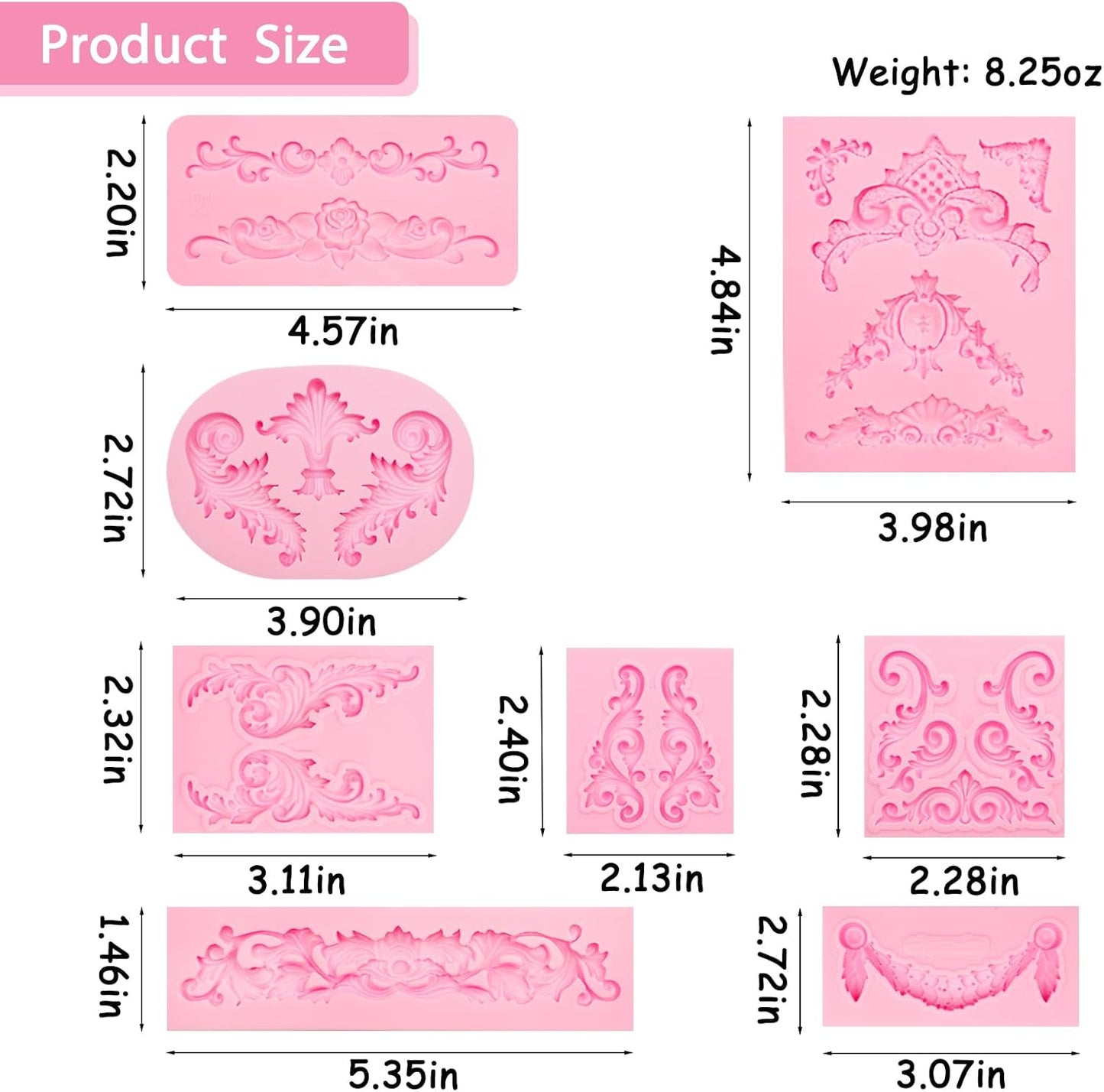 Baroque Scroll Silicone Fondant Molds, 8-Piece Decorative Border Cake Molds Set for Cupcake Topper Candy Gummy Clay DIY Crafts, Pink