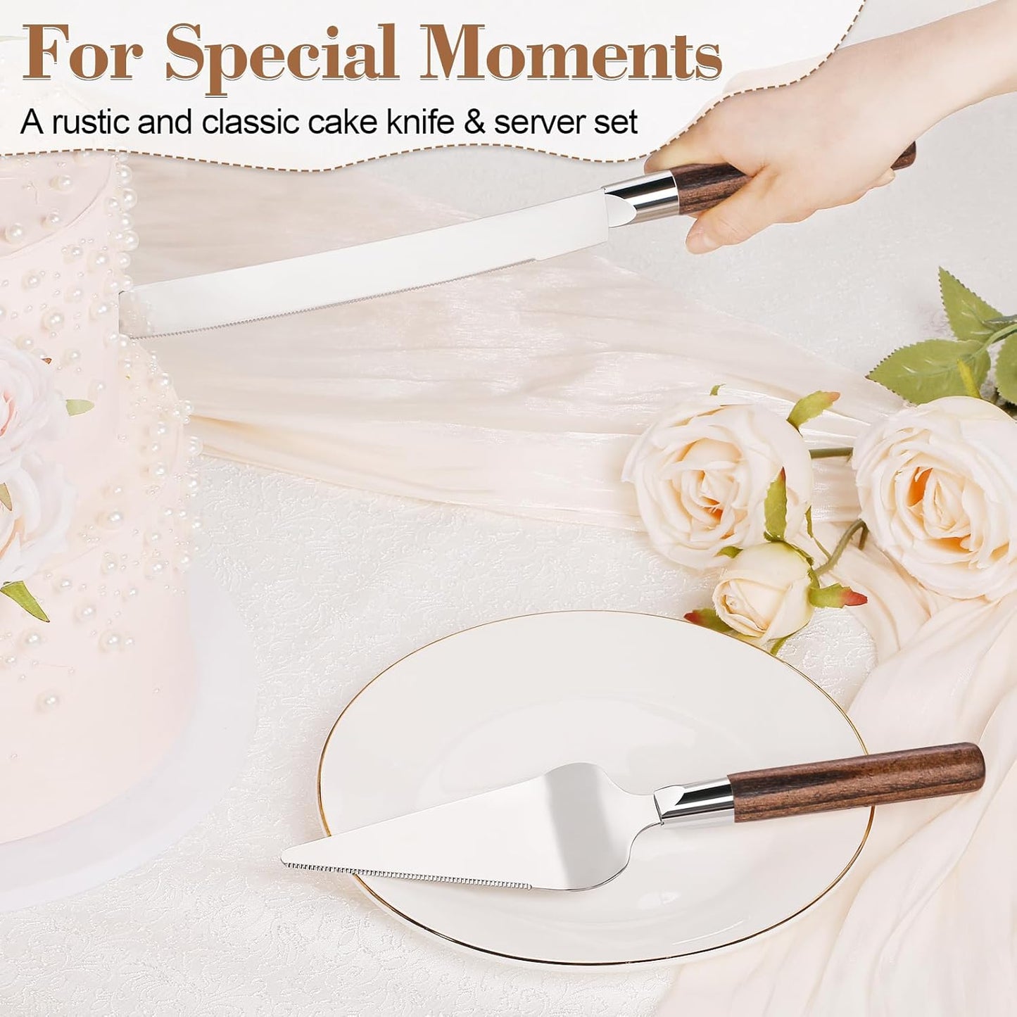 Cake Cutting Set for Wedding, Wood Cake Knife and Server Set, Vintage Pie Cake Cutter, Silver Pizza Dessert Utensils Bridal Anniversary Birthday Quinceañera Gift (Original Wood)