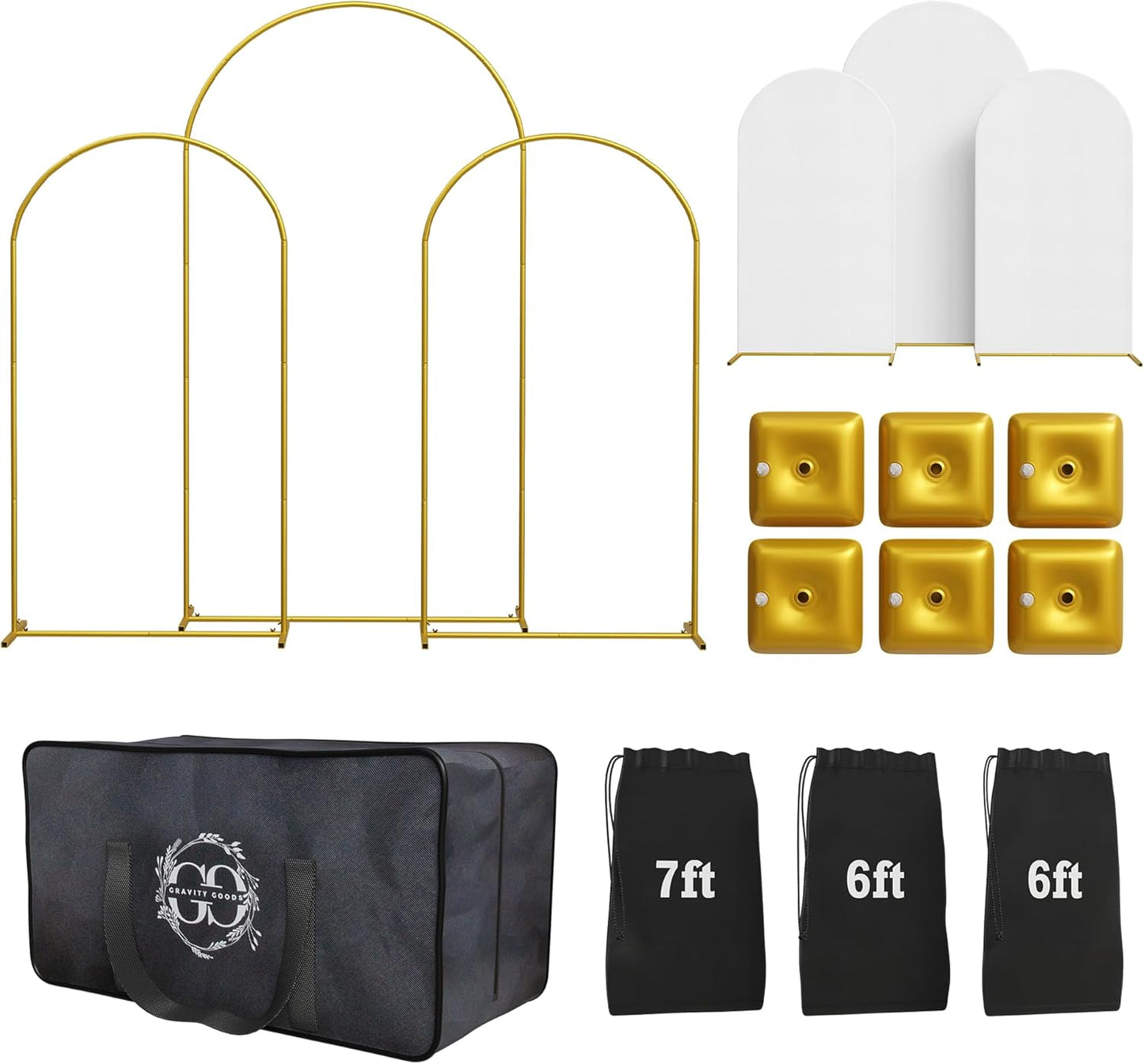 Metal Arch Backdrop Stand and Cover Set – 3 Gold Frames (7.2ft, 6ft x2) with White Wrinkle-Free Spandex Covers, Water Weights, Bags & Case – Wedding, Birthday, Baby Shower, Party Decor