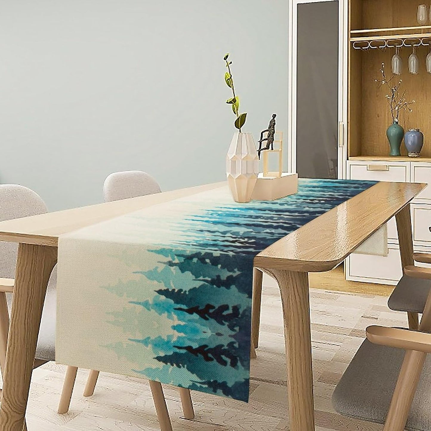 Misty Forest Table Runner,Foggy Blue Forest Landscape Table Runner for Kitchen Dining Table Home Party Decoration 13x72 Inch