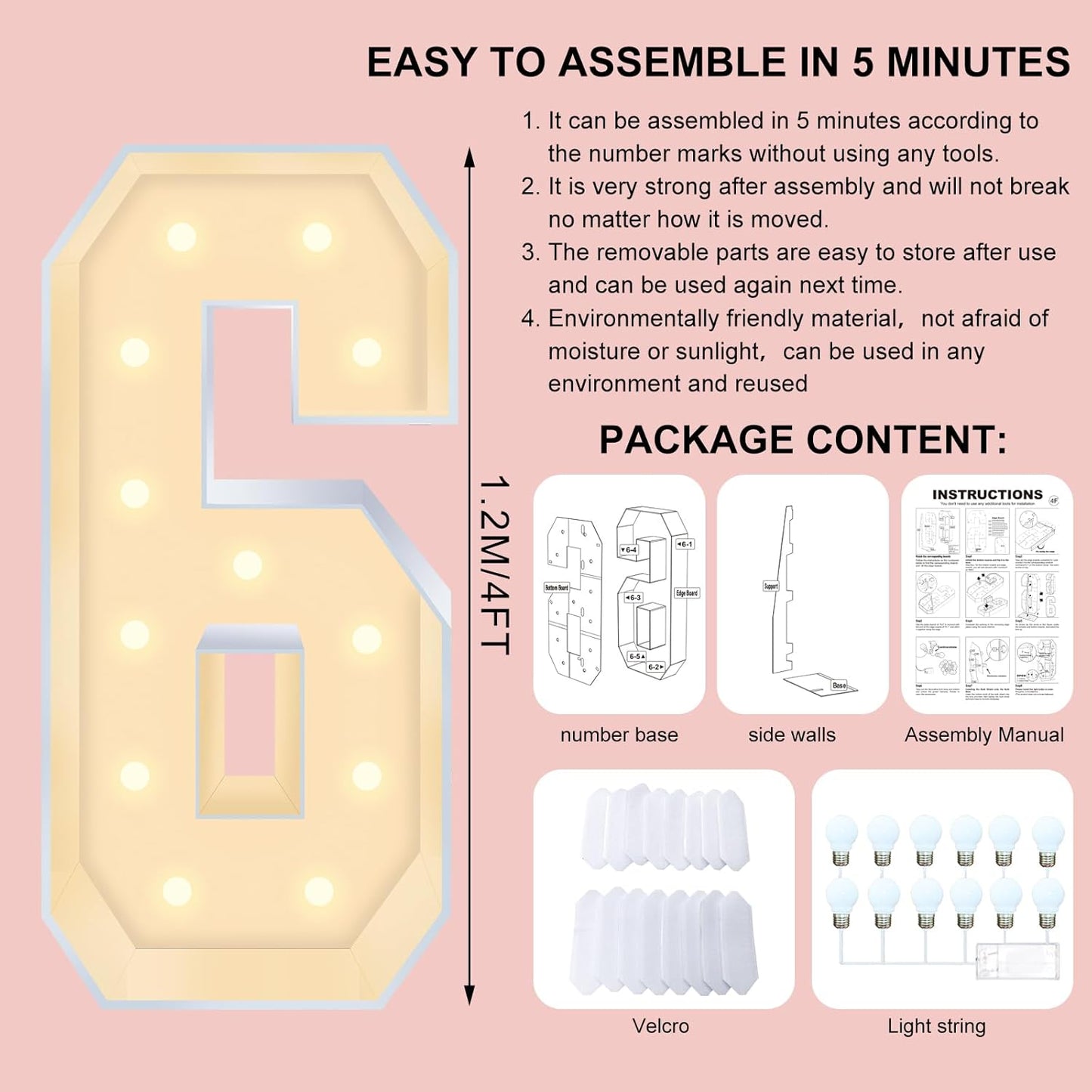 4FT Plastic Marquee Numbers 6 - Light up Numbers Are Made from Corrugated Plastic Board - Quick Assembly Without Tools, Disassembled Components Can Be Used for Photo Wall Decoration, Yard Sale Signs