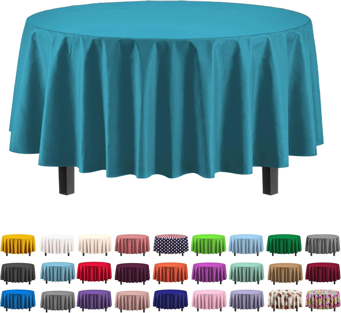 Party Solids Pack Of 12 Premium Plastic Tablecloth 84 Inch Round Table Cover - Turquoise