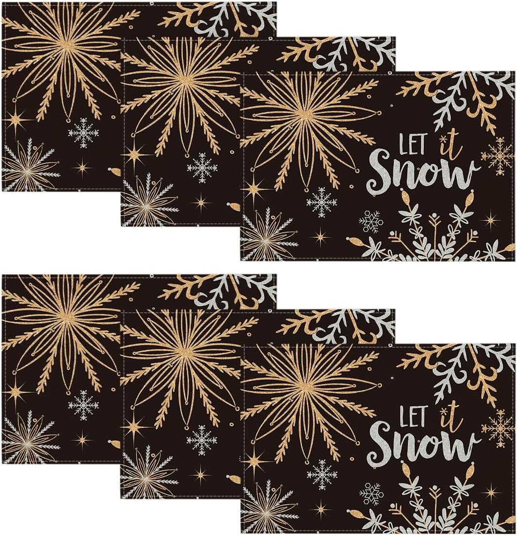 Artoid Mode Black Snowflake Let It Snow Winter Placemats Set of 6, 12x18 Inch Seasonal Christmas Table Mats for Party Kitchen Dining Decoration