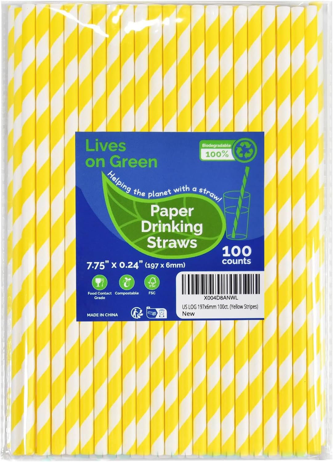 Eco-friendly Yellow White Striped Disposable Paper Drinking Straws 7.75'' x 0.24'' 100 Counts - for Cocktail, Party, Juice, Water, Milk