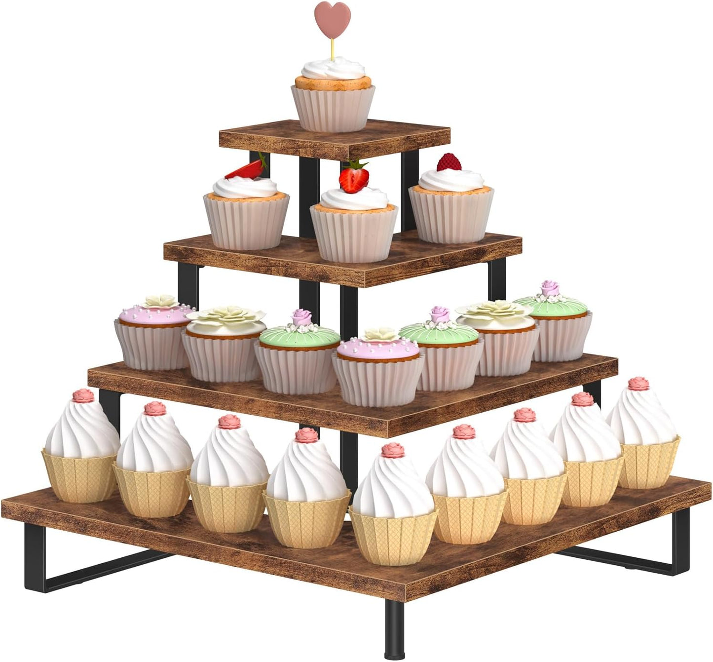 ELITEROO Wooden Cupcake Stand, Tiered Cupcake Display Tower Stand for 24 Cupcakes, Dessert Table Display Set, Buffet Risers Food Stands for Display Party Baby Shower, Rustic Brown Right Angle Corner