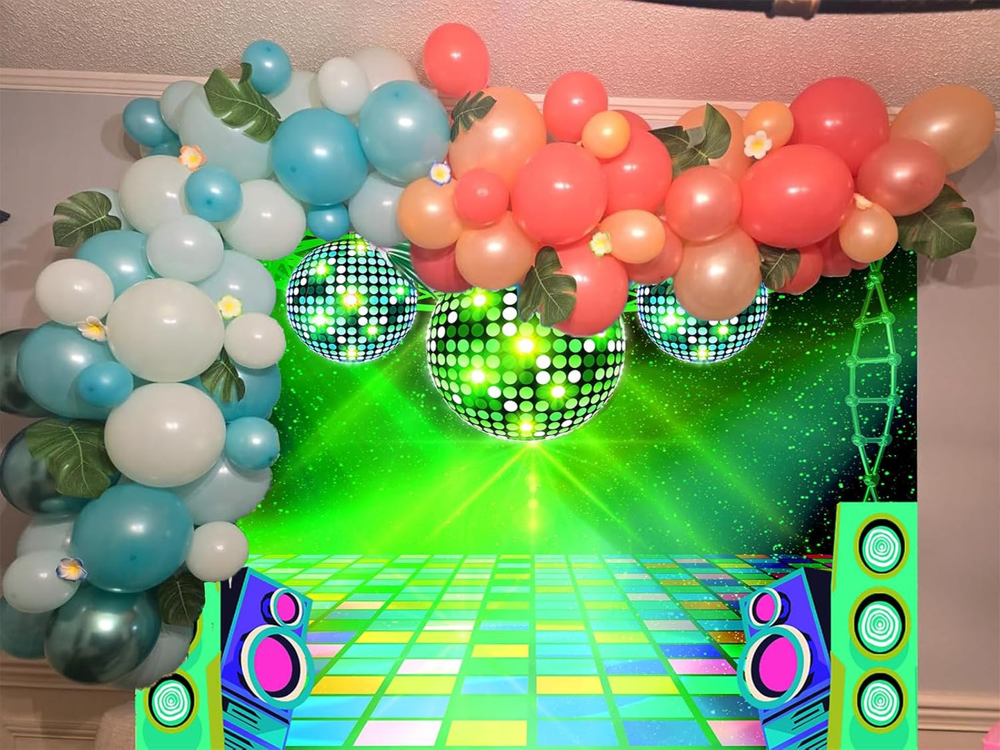 Dance Party Backdrop Retro 80s 90s Theme Stage Dance Ball Music Birthday Party Decoration DJ Photography Background 5 x 3 ft for Baby Shower Picture Photo Shoot Polyester Fabric, Green
