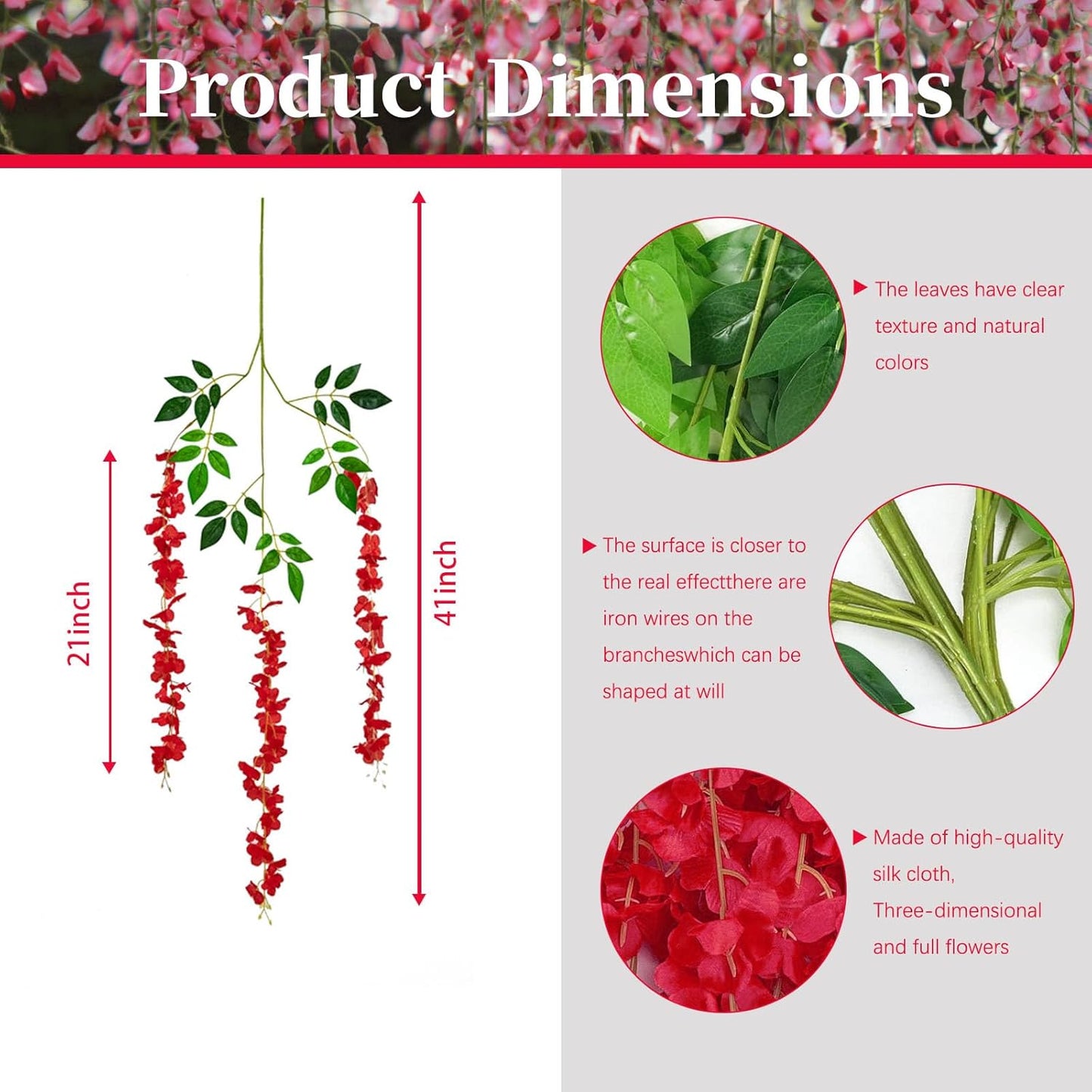 36 Pack Red Wisteria Hanging Flowers, 3.44 Ft Fake Hanging Flowers, Artificial Wisteria Garland Vines for Wedding Room Backdrop Outdoor Patio Garden Decoration