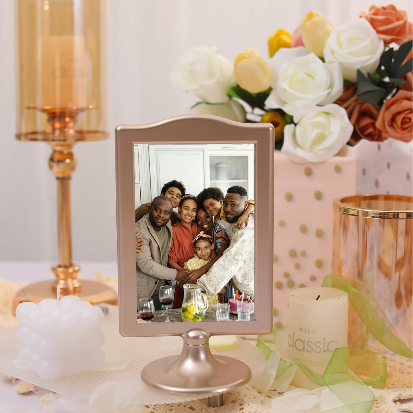 NahNah Double Sided Standing Picture Frames - (Gold, 10 Count) 4x6 Inch, Plastic Pedestal Photo Frame with Inserts and Base - 2 Sided Tabletop Vertical Display Frame for Wedding Table Bridal