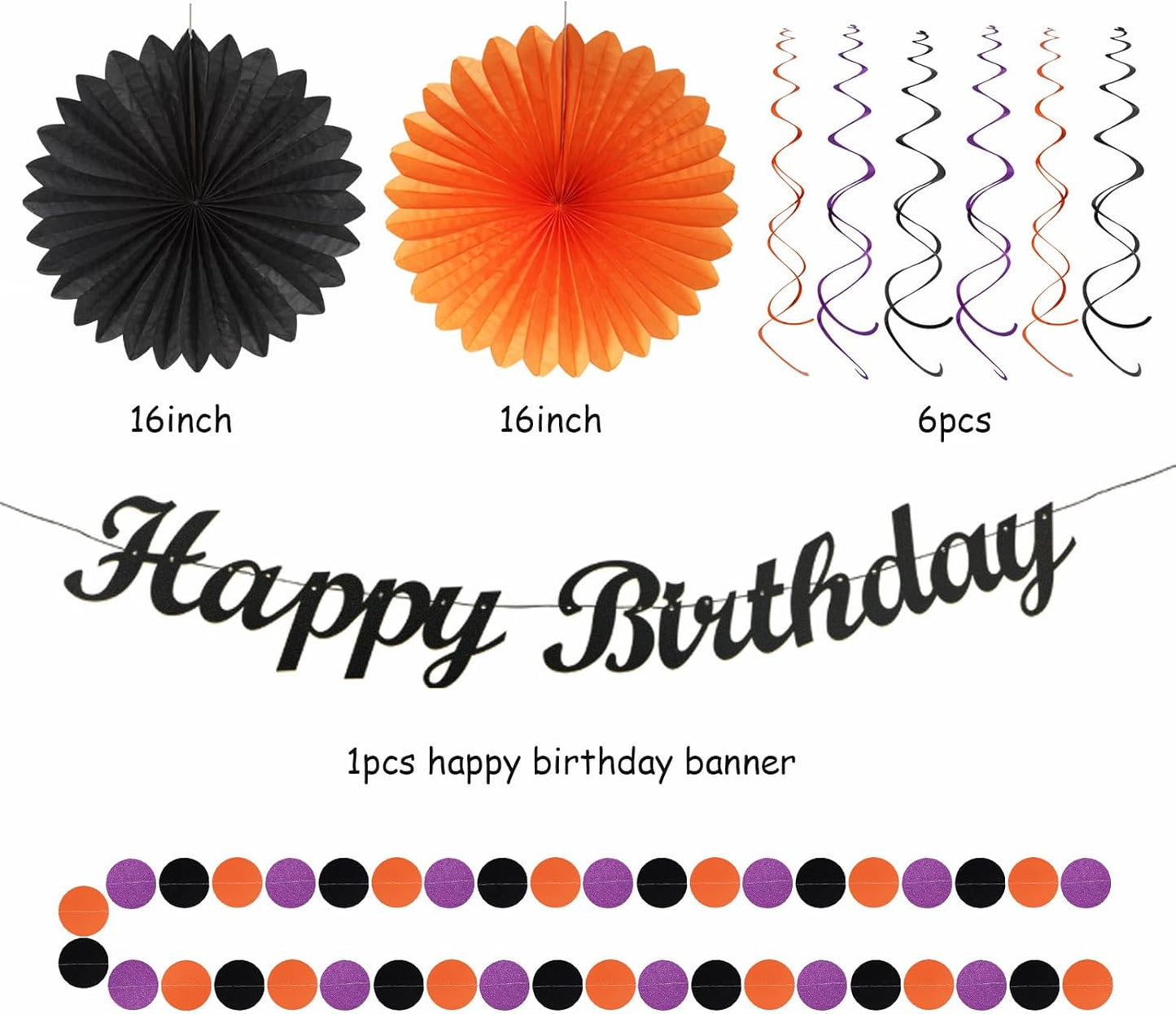 Black-Purple Orange Halloween Birthday Party-Decorations - 21pcs Happy Banner,Paper Lanterns Honeycomb,Tissue Pom Poms Flower Fan,Kids Classroom Hanging Streamers Garland Decor Supplies Huglony