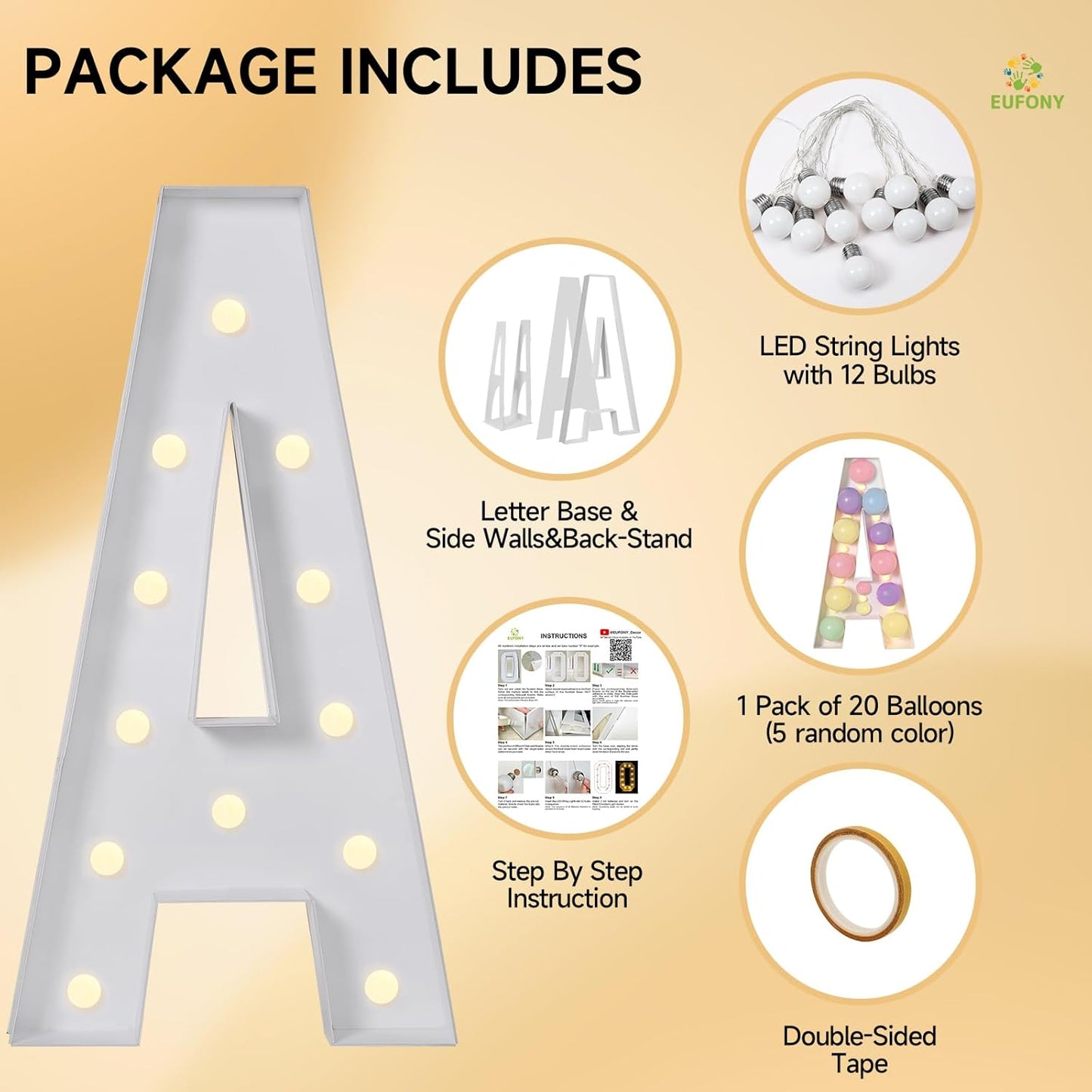 eufony Marquee Letters 4 Feet Tall, 4 FT Marquee Light Up Letters, Giant Light Up Letters 4FT for Birthday Party Baby Shower Gender Reveal Graduation Decorations, Letter C with LED Lights DIY Kit