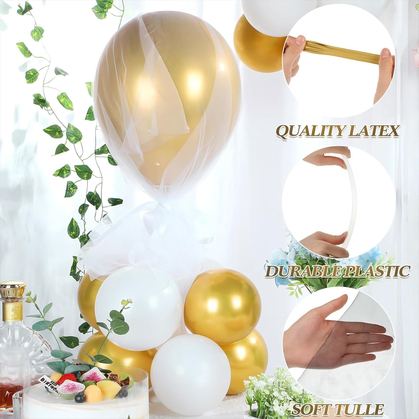 BBTO 8 Set Table Centerpieces Balloons Stand Kit, 80 Pcs Latex Balloons and Table Stand Holder with Base Tulle for Wedding Birthday Baby Shower Party(Gold and White)