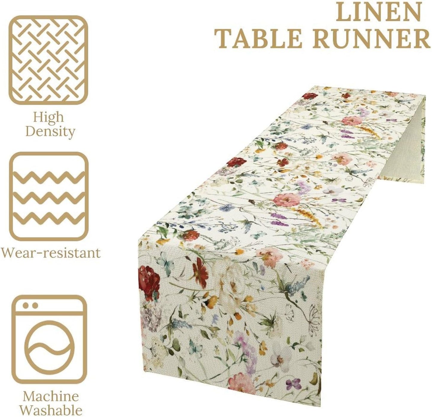 Floral Butterfly Table Runner,Rustic Colorful Flower Botanical Watercolor Pattern Print Burlap for Hotel Indoors Outdoor Dining Room Kitchen Holiday Party, 13x36in