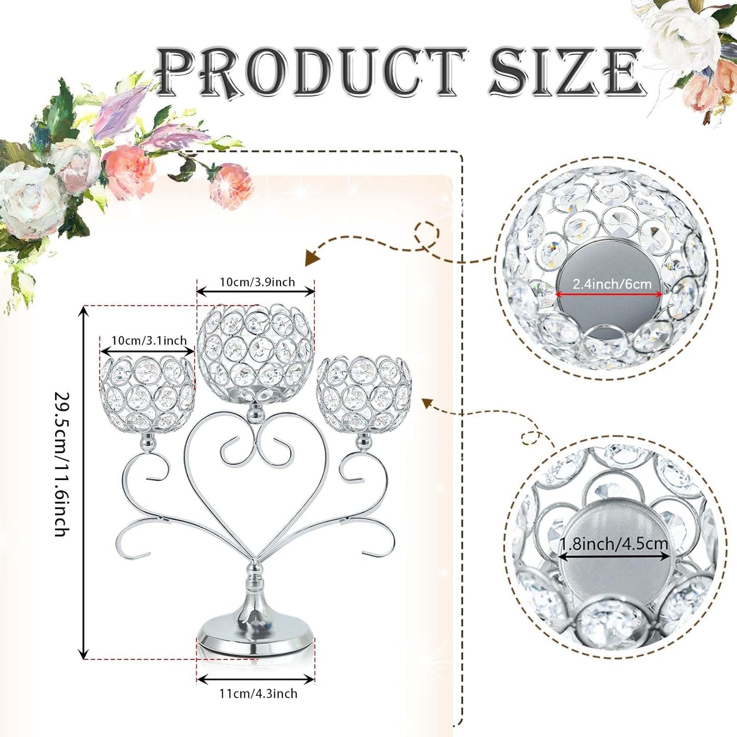 6 Pcs Silver 3-Arm Heart Tea Light Candle Holder - Crystal & Metal Wedding Centerpiece Decor, Sparkling Table Decor for Anniversaries/Romantic Tabletop Home/Dinner Party/Events