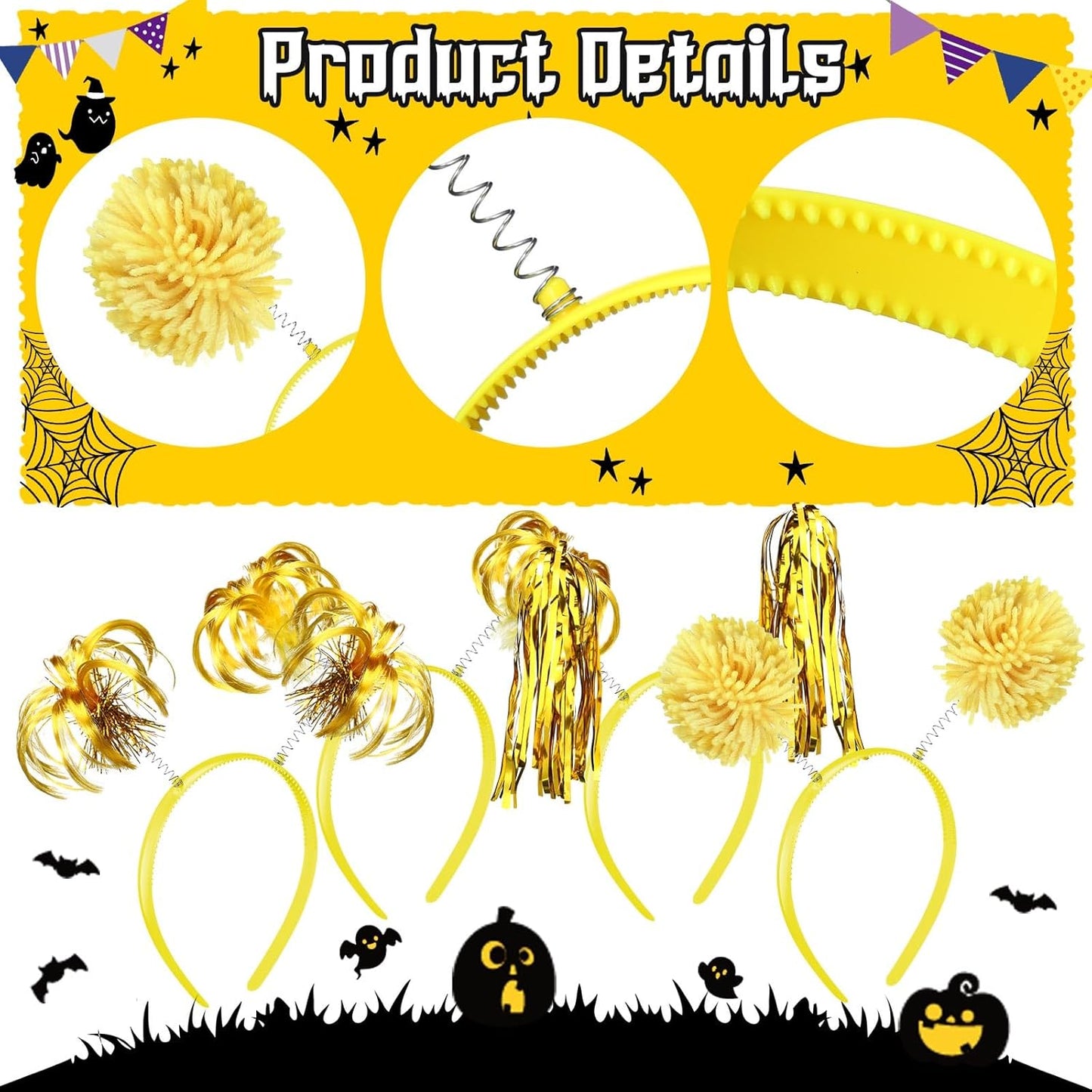 Censen 12 Pcs Halloween Pom Pom Party Headbands Tinsel Ponytails Spirit Head Bopper Headwear for Christmas Birthday Holiday