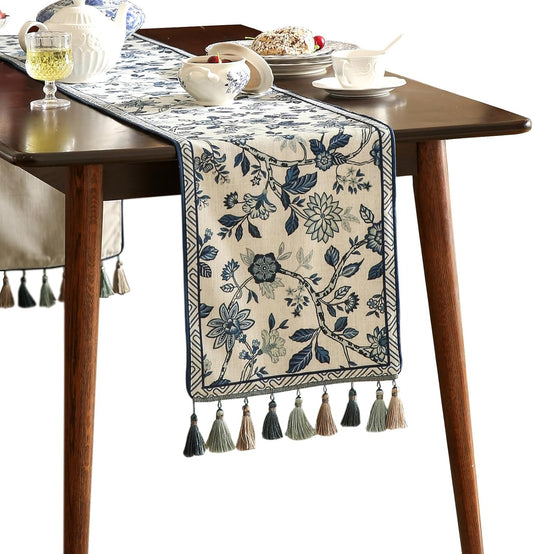 Decorative Linen Table Runner 71 Inches Long,Chinoiserie Blue Floral Cloth Runner for Table Decor Tabletop Table Runners for Kitchen,Dining,Tea Party,Home,Christmas,12"*71"