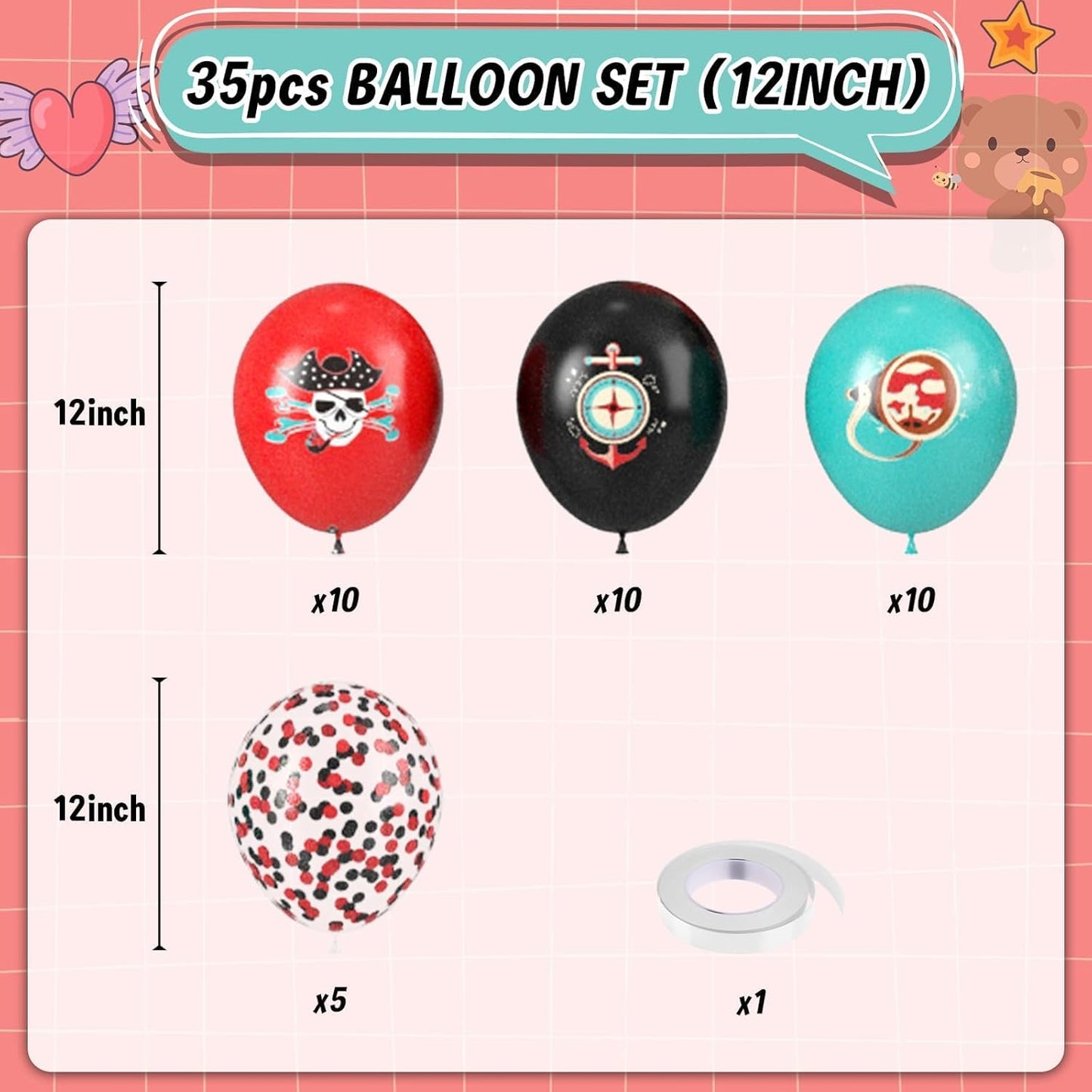 Pirate Balloons, 12 Inch Teal Black Red Confetti Balloons with Pirate Design for Boy Pirate Ship Theme Birthday Party Sea Sailing Graduation Halloween Baby Shower Decorations