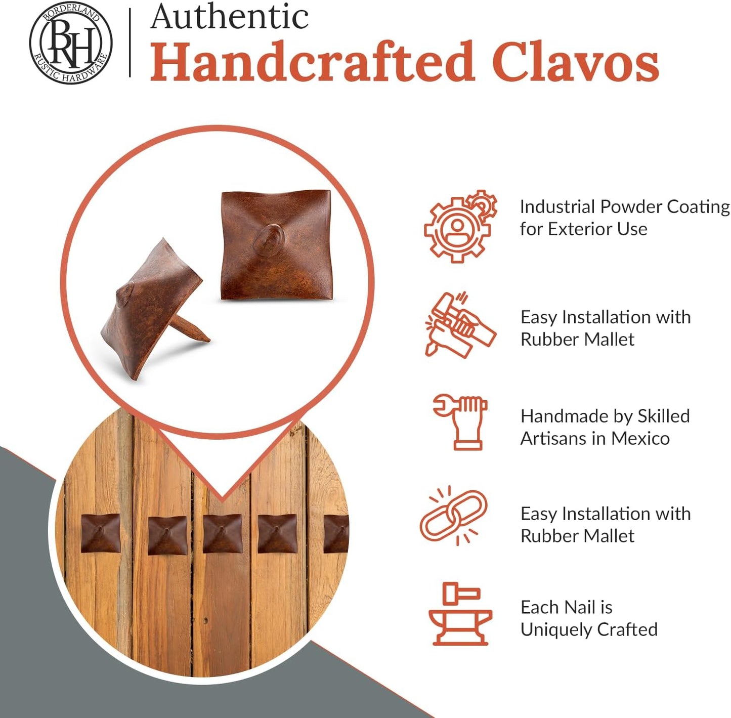 50 Pack 1" Square Head Iron Clavos Decorative Nails – Sealed Rusted – Handmade Rustic Square Fasteners for Farmhouse Shutters, Faux Wood, Barn Doors, Shutters, and Gates – Ornamental Wood Accent