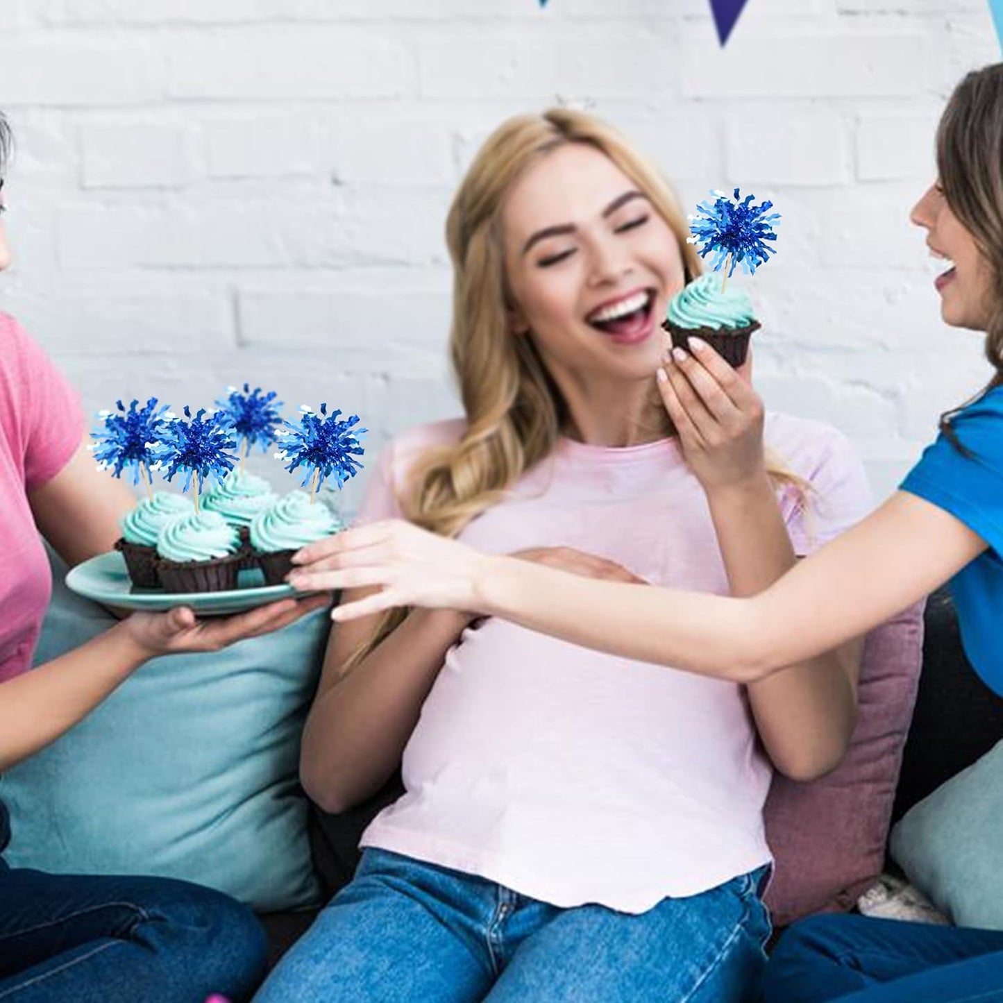 Gyufise 30Pcs Foil Firework Cupcake Toppers Happy Birthday Cake Toppers Sparkle Tinsel Flower Drink Stirrers Cocktail Food Fruit Toothpicks for Valentine's Day Party Supplies Blue