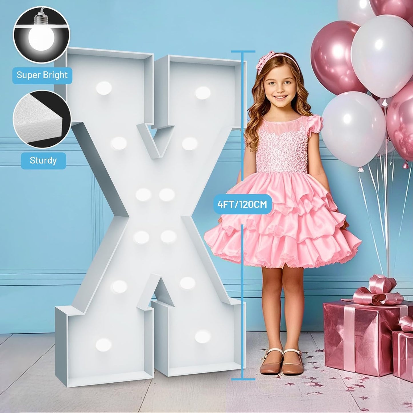 4FT Marquee Light Up Letters - Cool White Light Up Letters X with Fixed Water Bag, Party Decoration Large Marquee Light Up Letters can Be Used for Wedding Decoration, Birthday Party Decoration