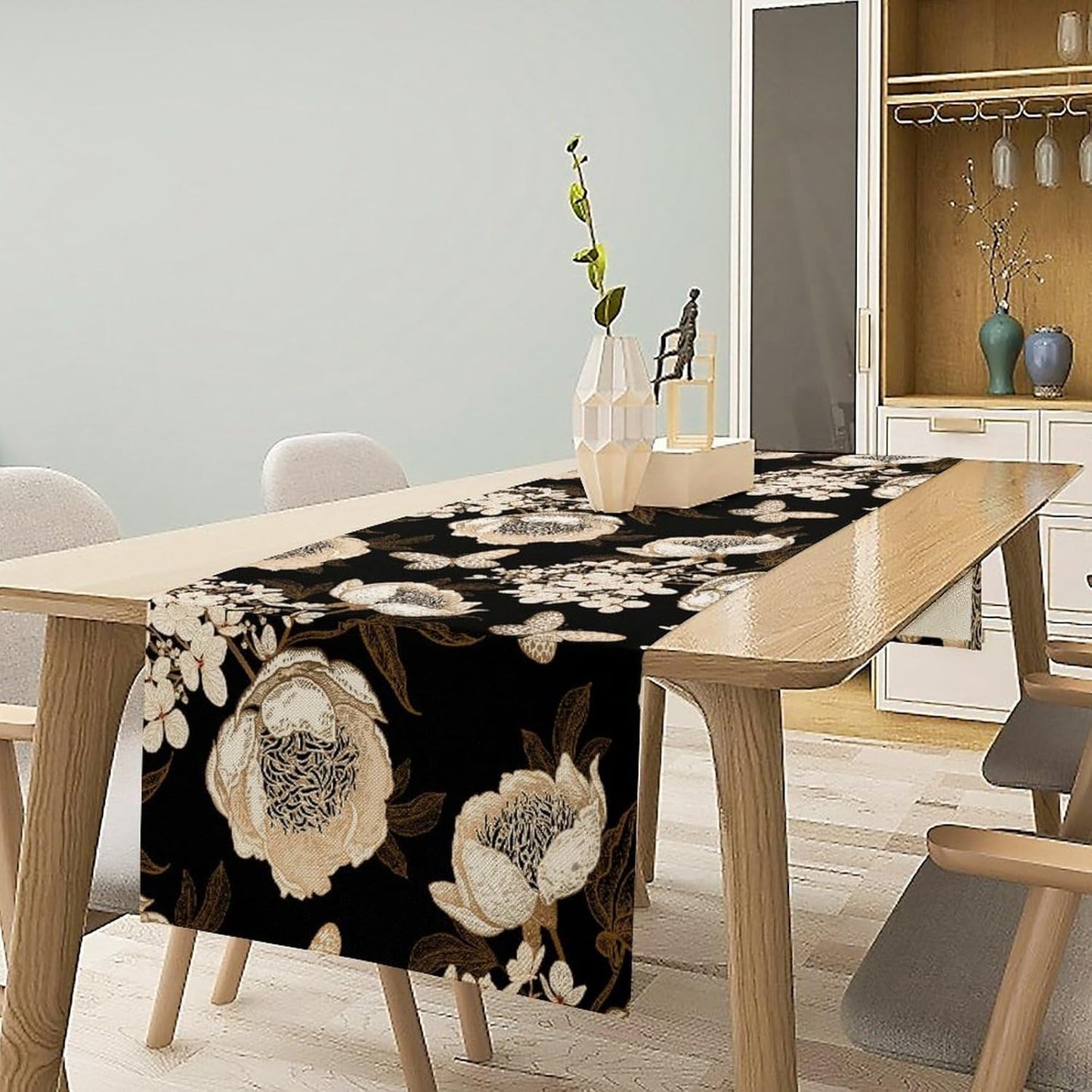 Watercolor Peony Table Runner, Modern Kitchen Dining Room Bohemian Floral Tabletop Decoration for Kitchen Cafe 13x36 Inch