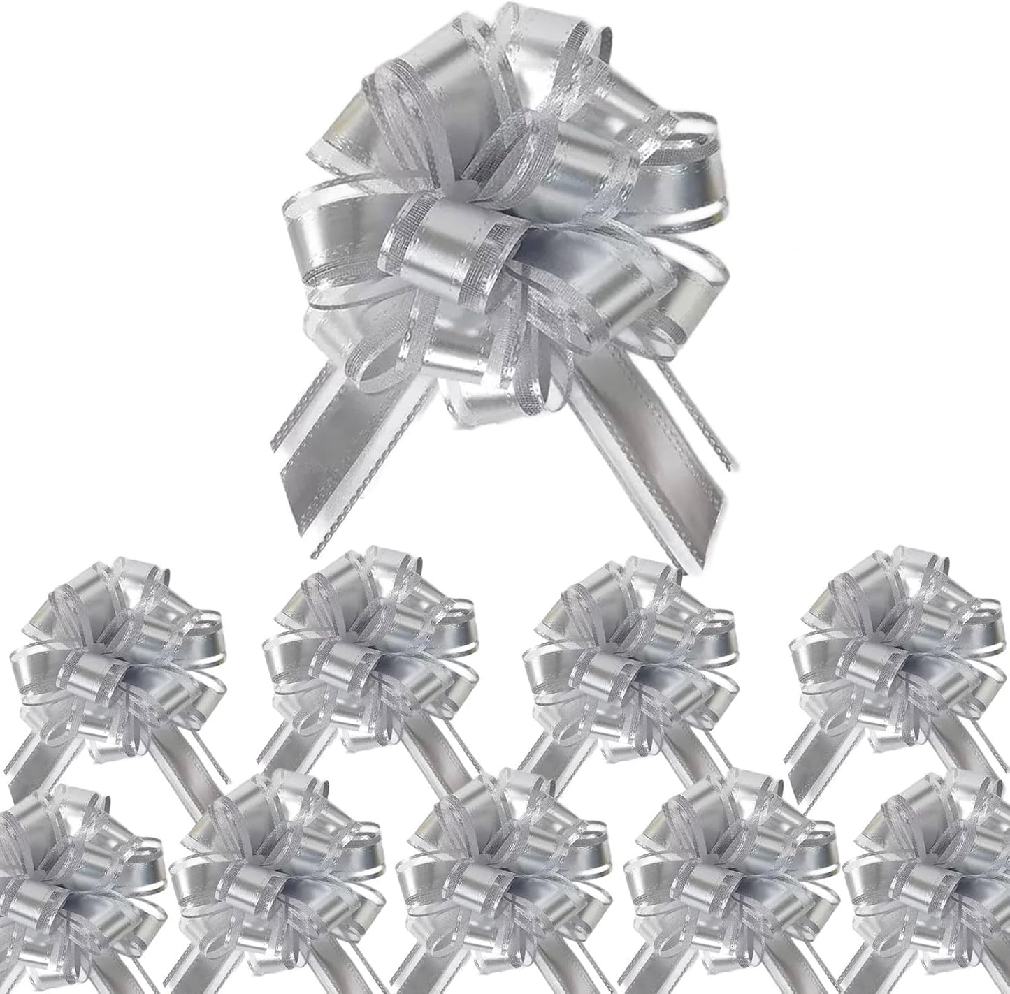 Small Pull Bows, 10 PCS 4 Inch Silver Gift Bows for Wrapping,Basket, Wedding,Birthday Party,Flower Bouquet Decoration