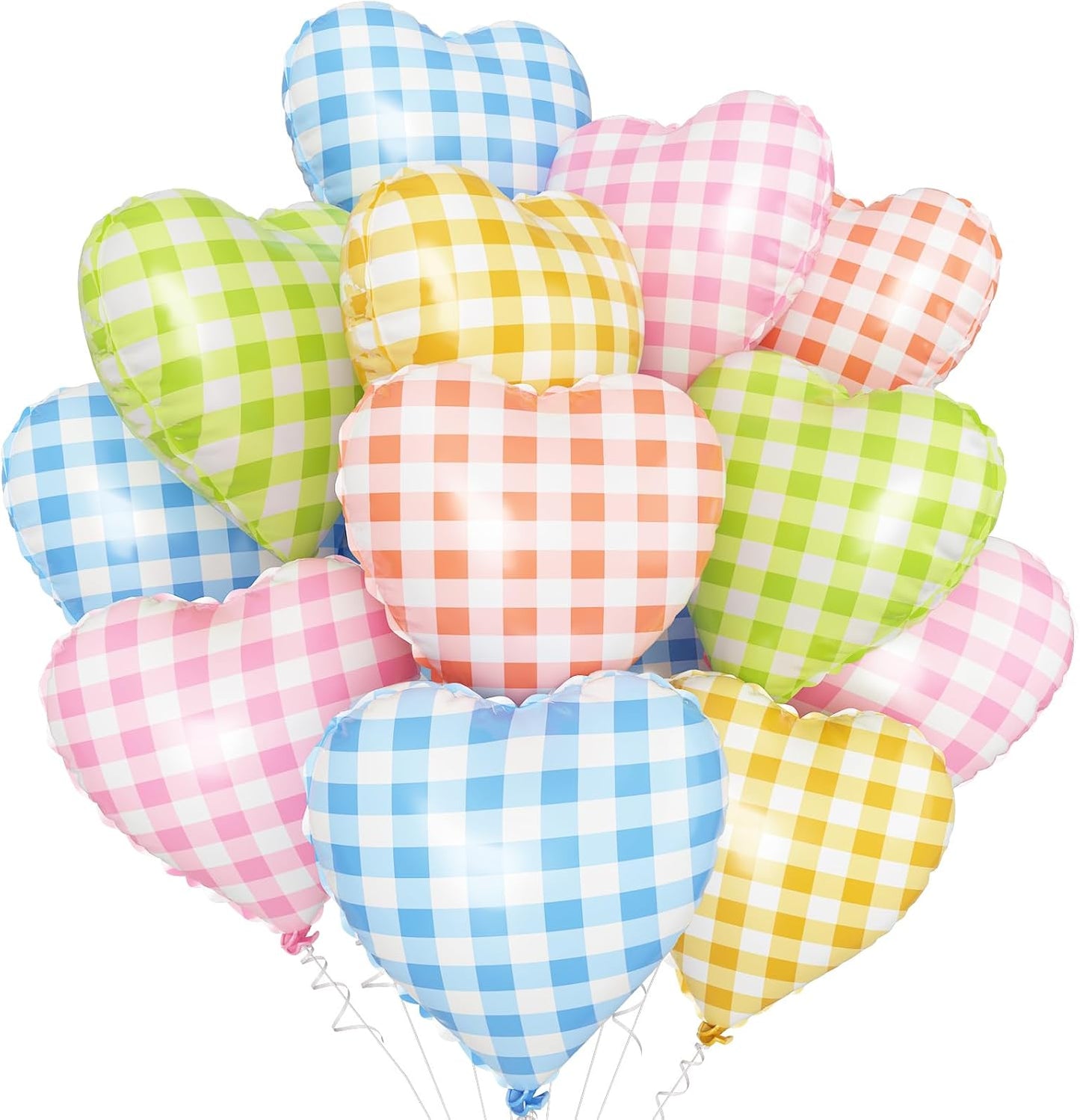 Colorful Checkered Heart Balloons,12Pcs 18Inch Rainbow Grid Heart Shaped Foil Helium Polyester Film Balloons for One Silly Goose Birthday Baby Shower Party Decorations