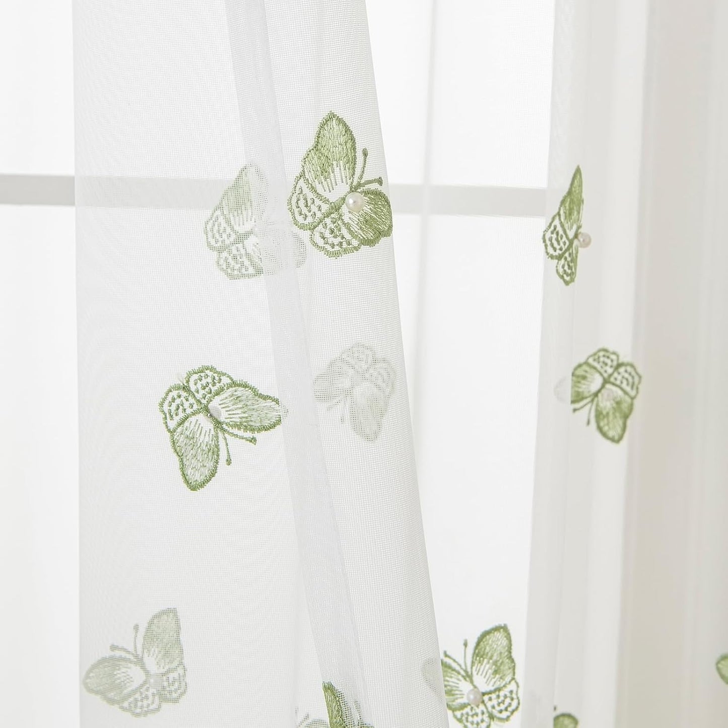 VISIONTEX White Sheer Voile Curtains, Decorative Green Embossed Butterflies Rod Pocket Window Drapes for Home Kitchen, Living Room and Bedroom 54 x 72 Inch, Set of 2 Curtain Panels