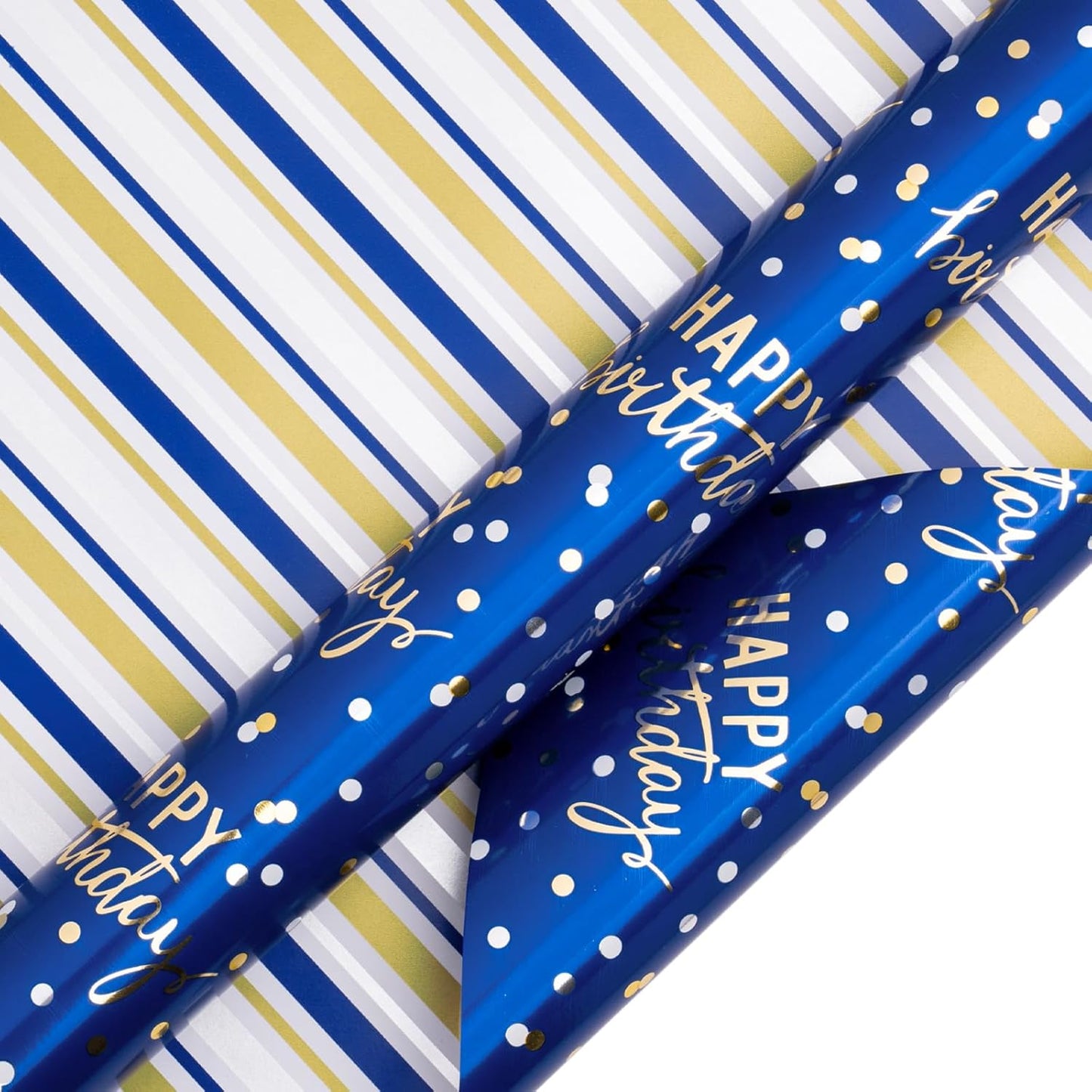 LeZakaa Reversible Blue Birthday Wrapping Paper Roll for Boys Men, Happy Birthday Lettering & Stripe Pattern with Metallic Foil in Navy Blue, Mini Roll, 17 inches x 32.8 Feet (46.45 sq.ft.)